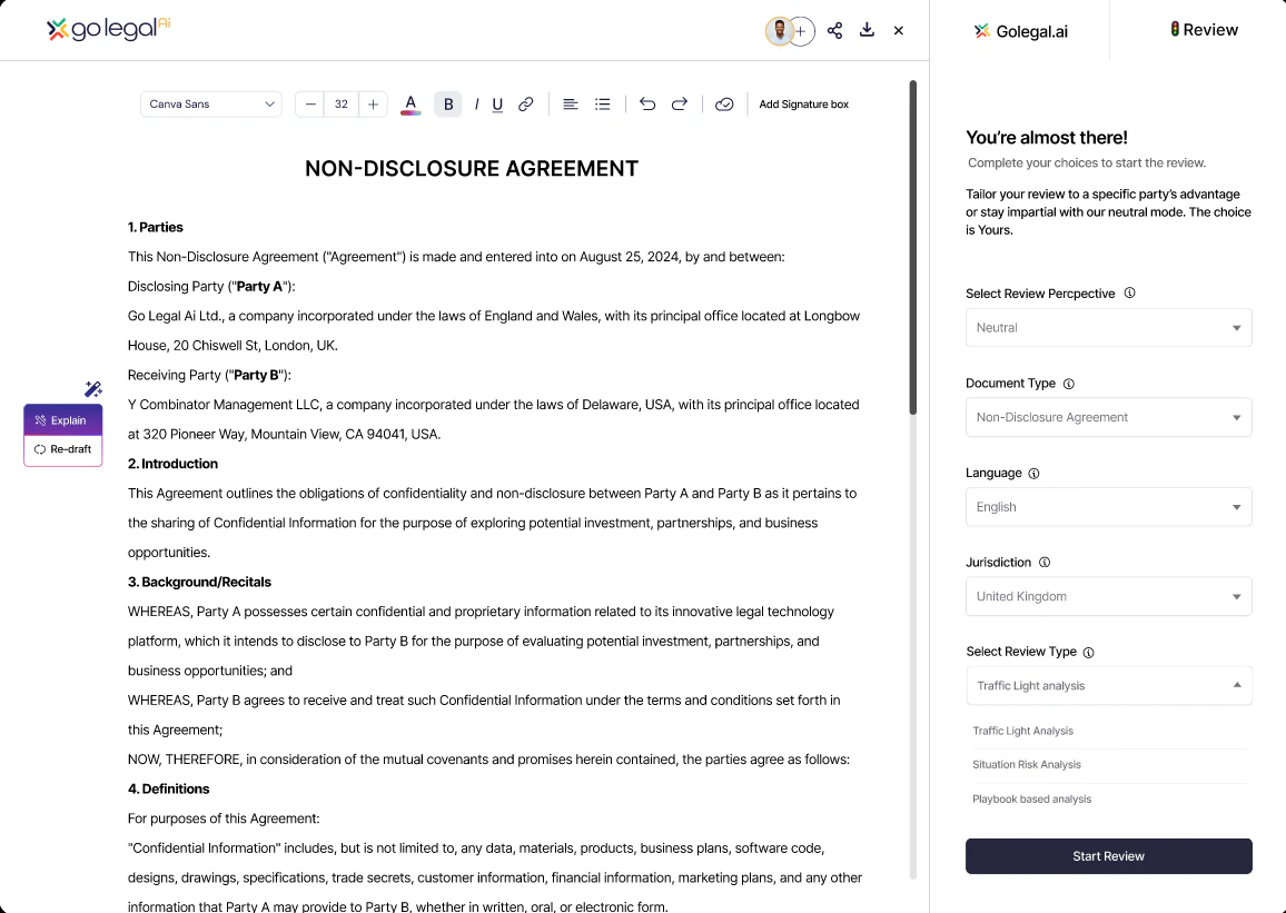 Customizing legal documents with Go-legalai AI