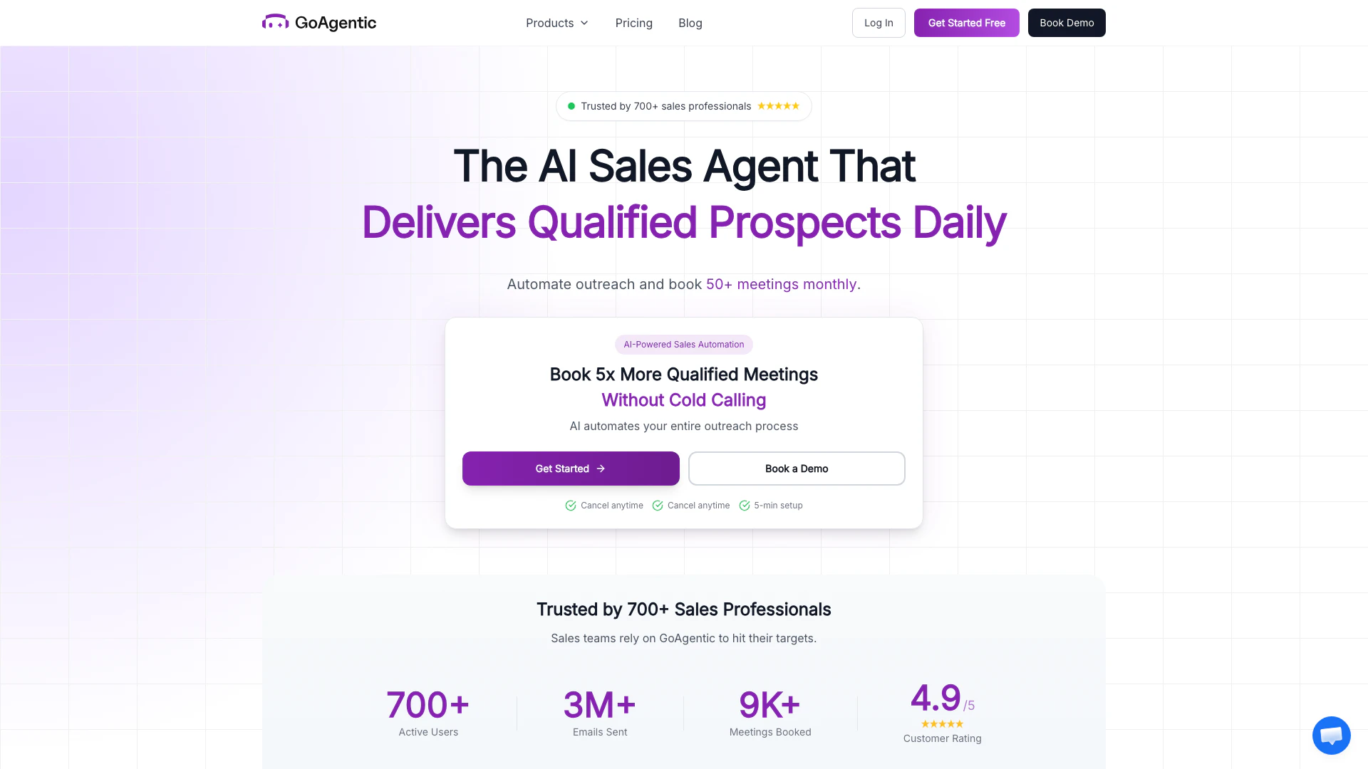 Goagentic website screenshot showing GoAgentic의 AI 에이전트로 판매 아웃리치를 자동화하세요. interface and features