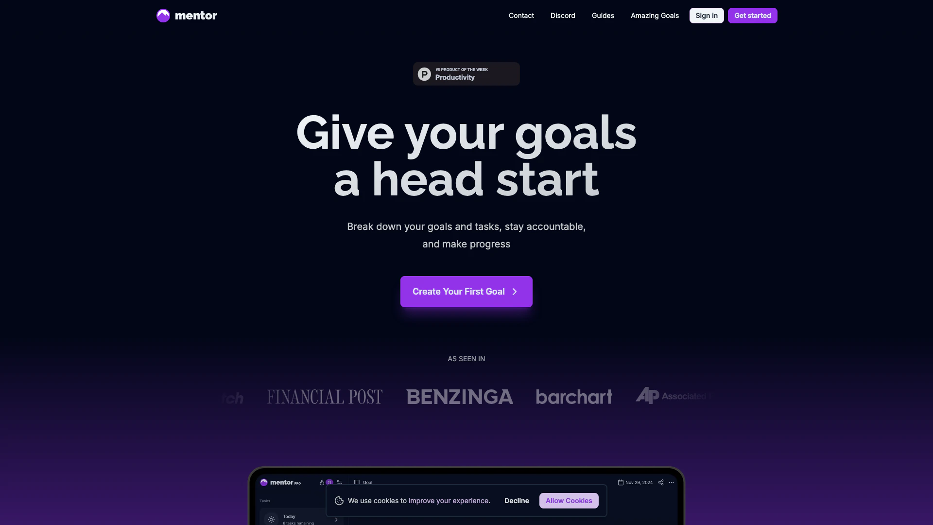 Goalmentor website screenshot showing Achieve your goals with Mentor, your pro... interface and features