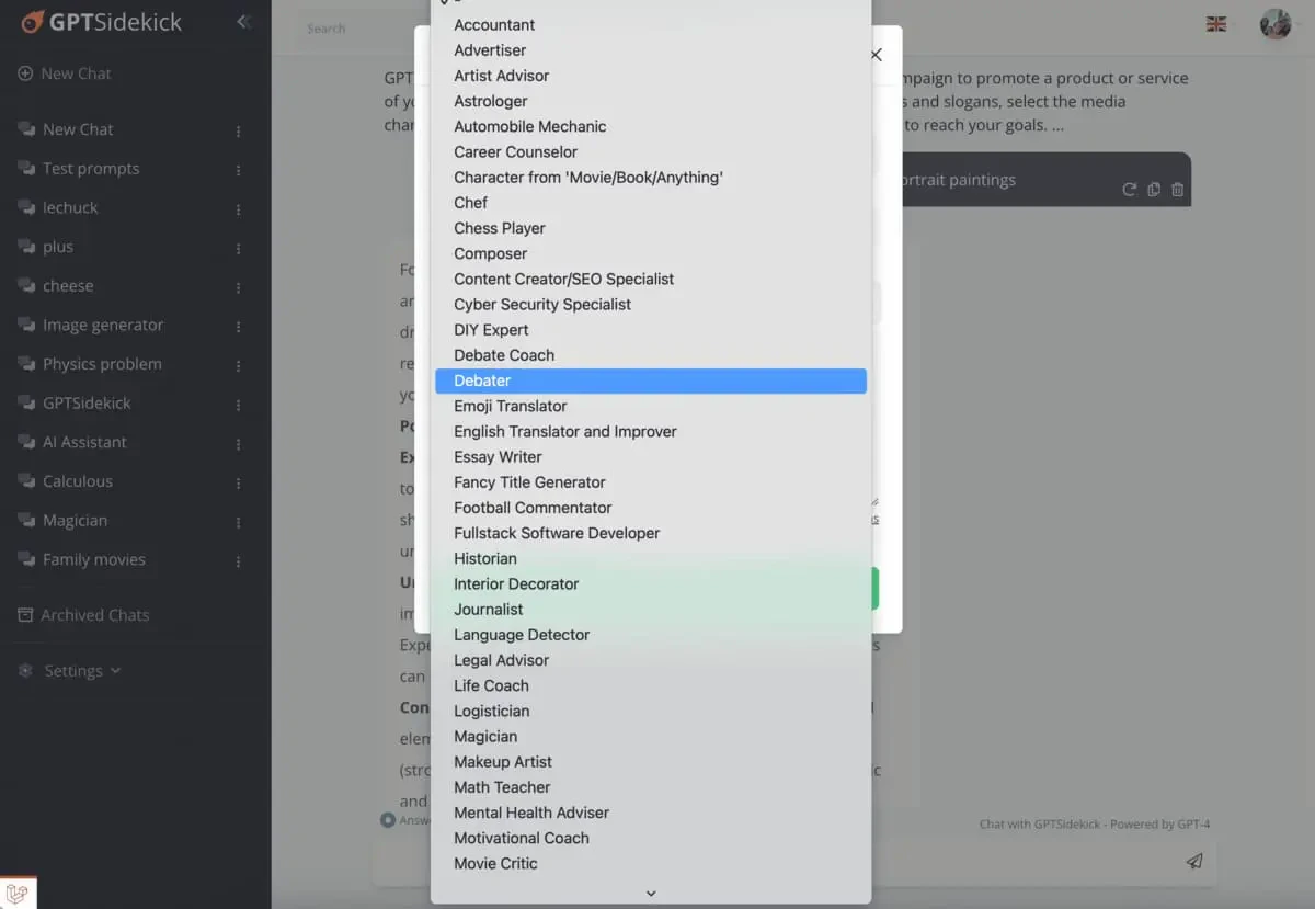Expansive prompt library in GPTSidekick