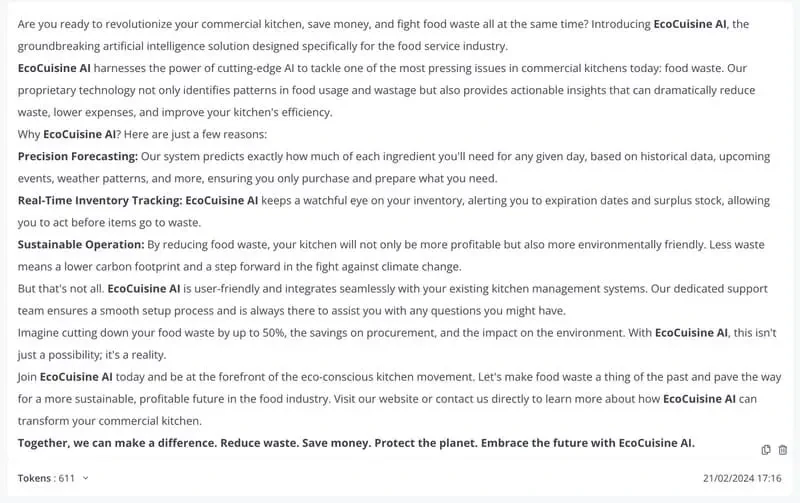 Example of generating a startup pitch using GPTSidekick