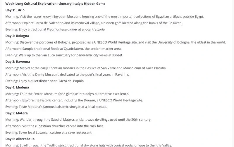 Itinerary planning example with GPTSidekick