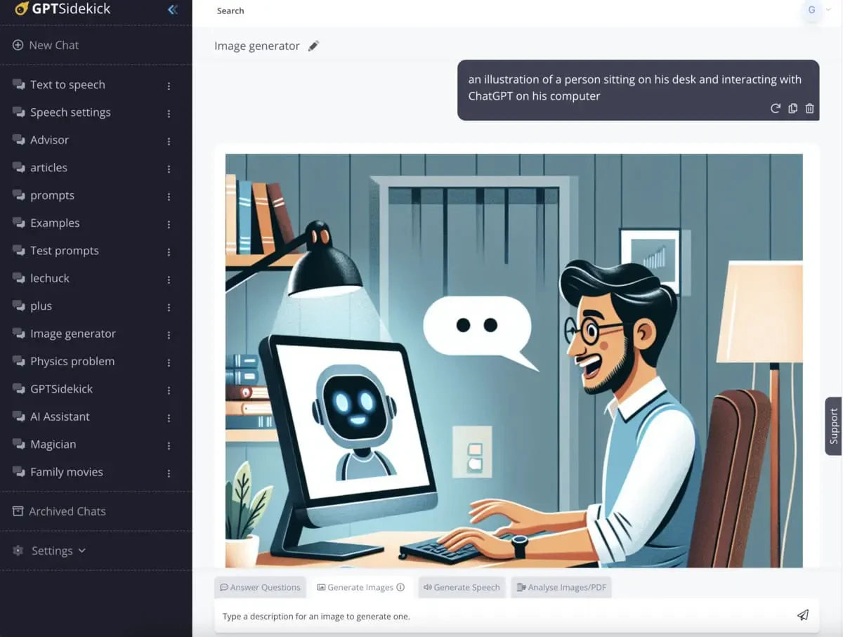 GPTSidekick interface demonstrating image generation capabilities
