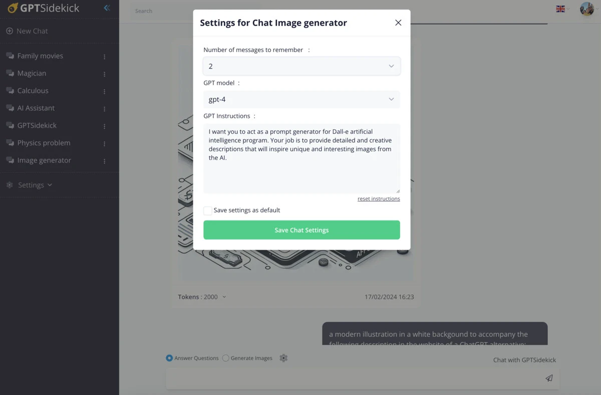 GPTSidekick customizable chat settings interface