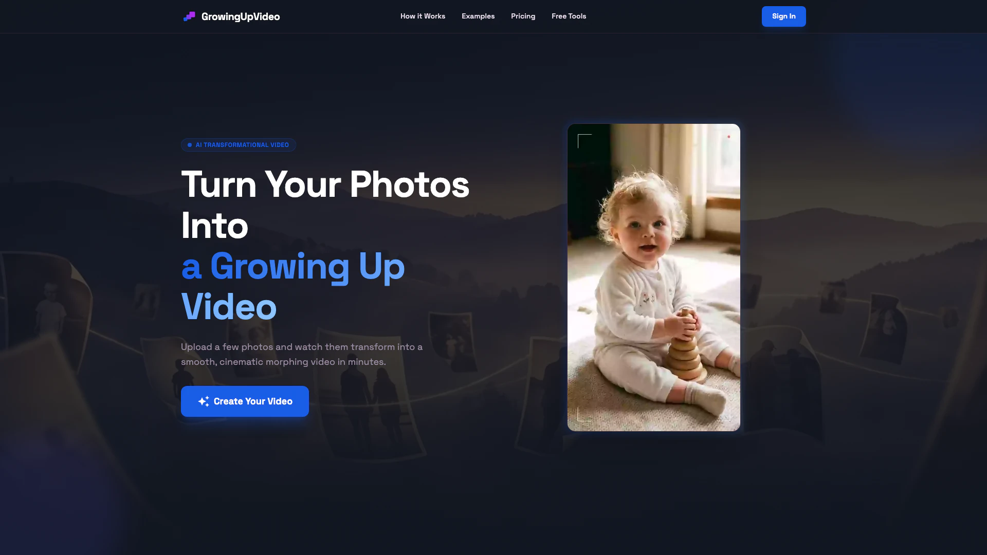 Growingupvideo website screenshot showing Upload photos of someone at different ag... interface and features