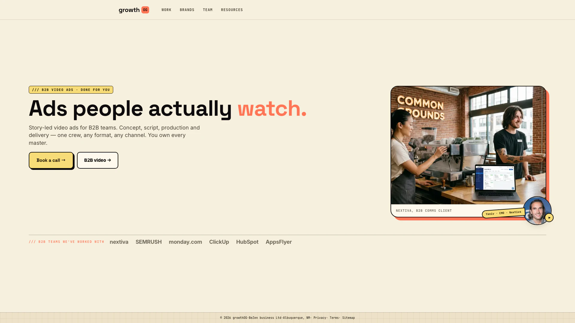 Growthog website screenshot showing Story-led B2B video ads, done for you — ... interface and features