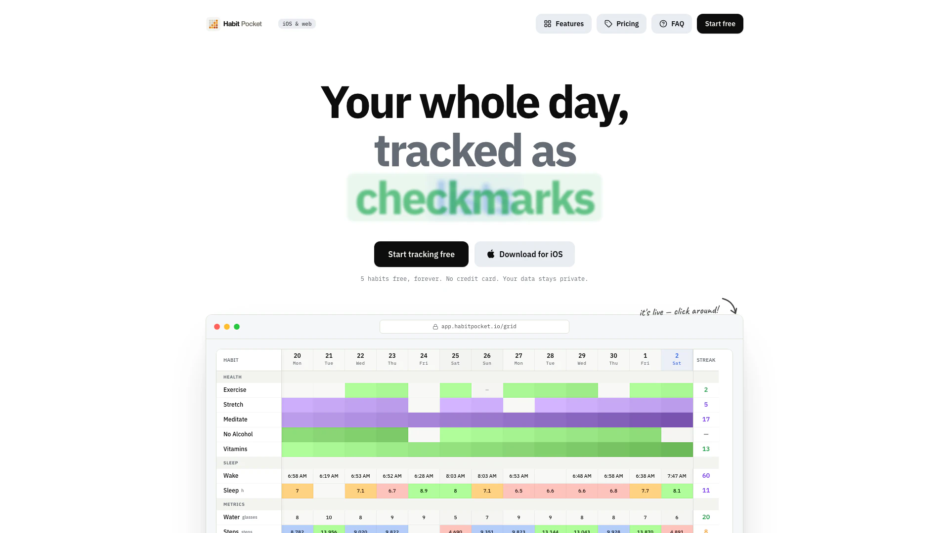 Habitpocket website screenshot showing Habit Pocket 记录您习惯的数字和时间,而不仅仅是勾选 — 让您看到什... interface and features