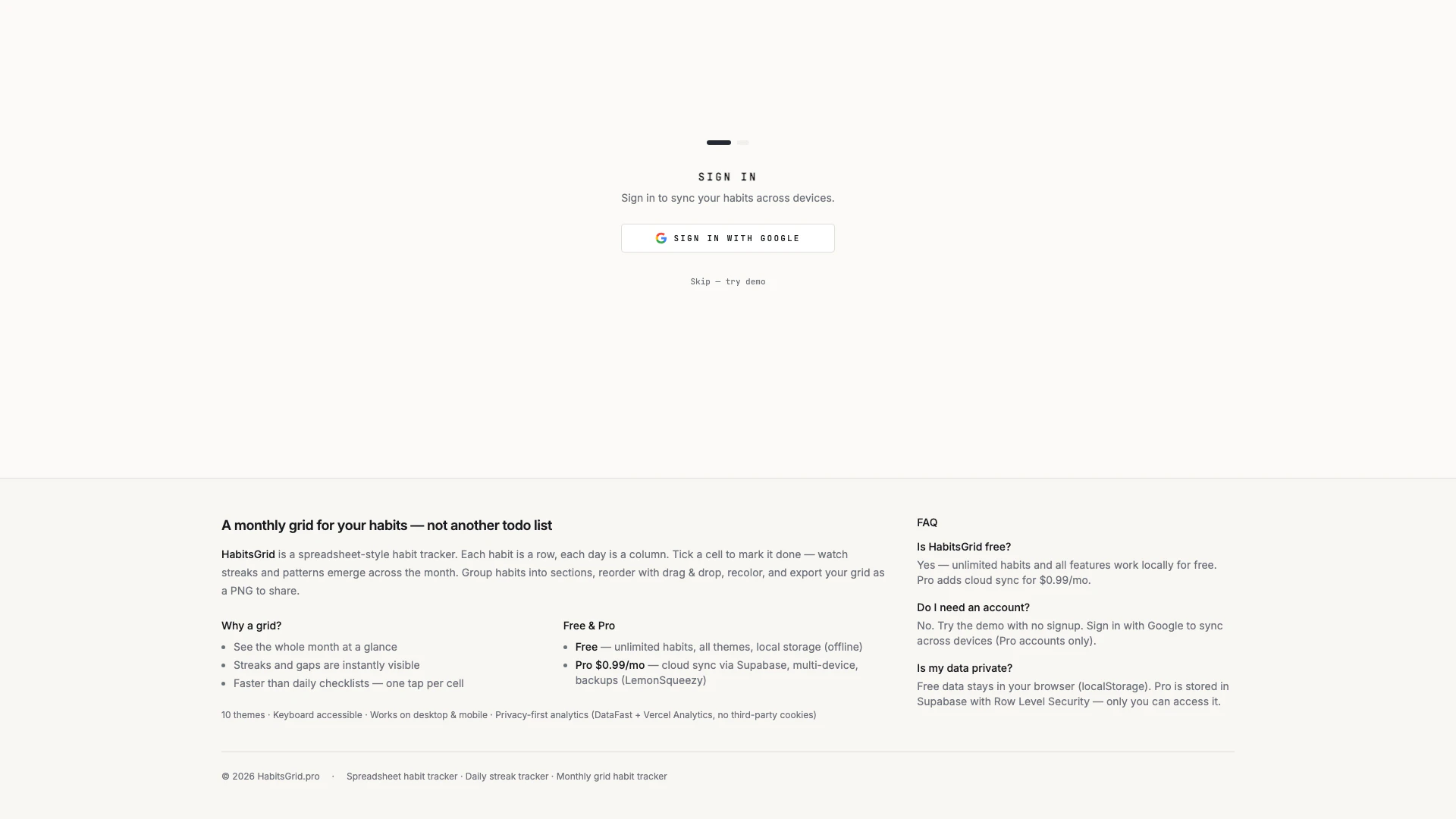 Habitsgrid website screenshot showing HabitsGrid 是一个免费的电子表格风格习惯跟踪器。 interface and features