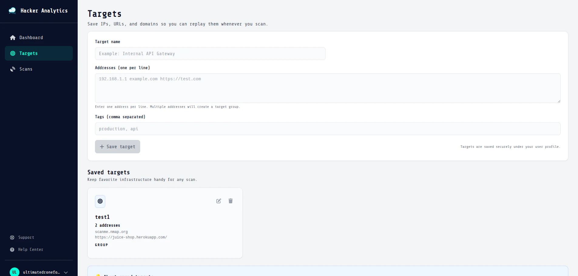 Hackeranalytics target management interface