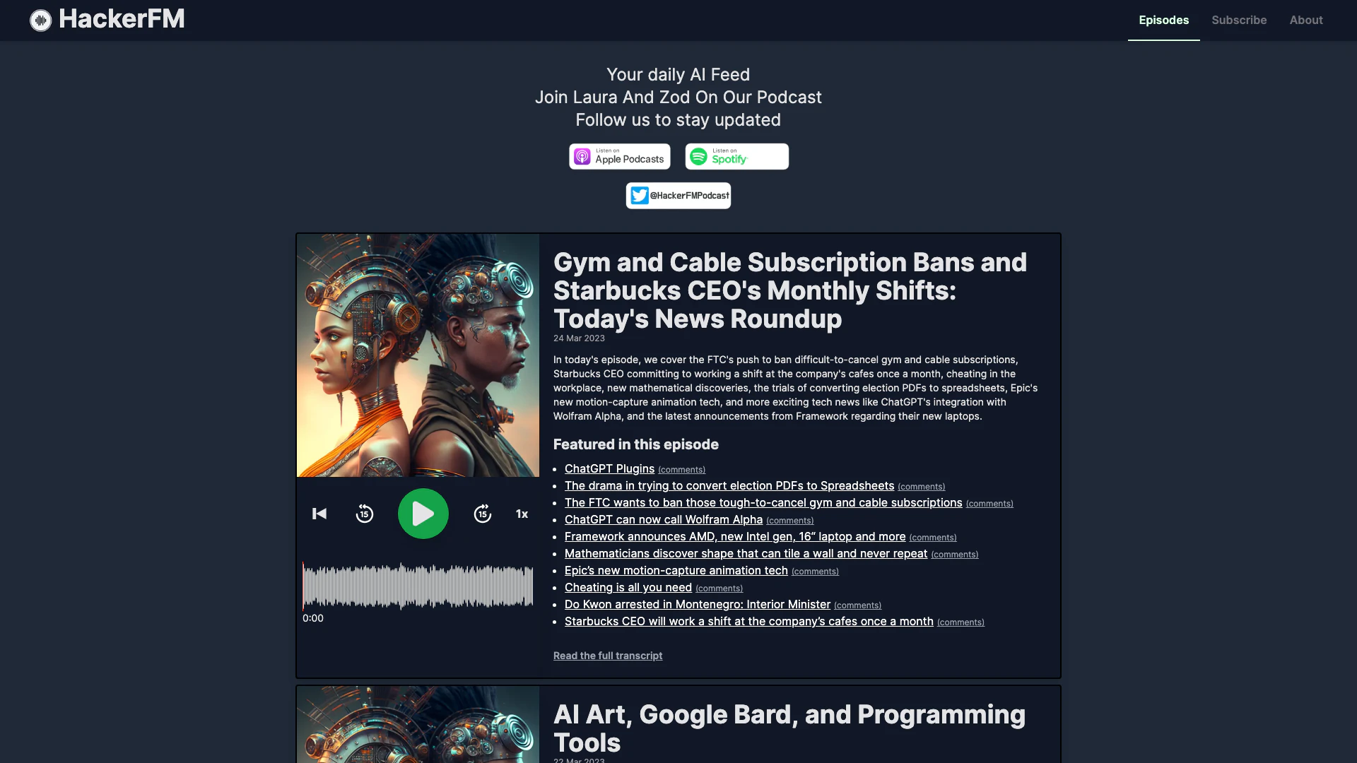 Hackerfm Podcast website screenshot showing Hacker FM interface and features