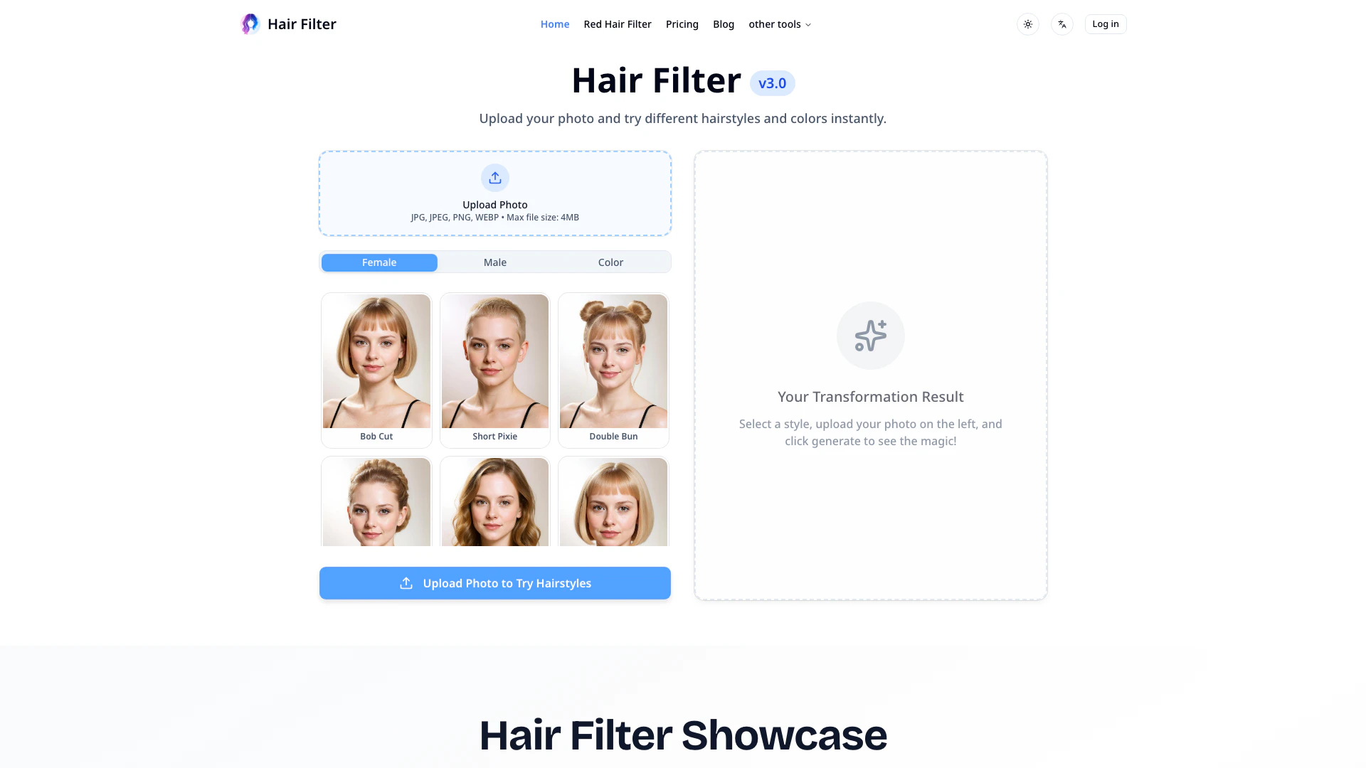 Hair Filter website screenshot showing Transform your look instantly with our a... interface and features