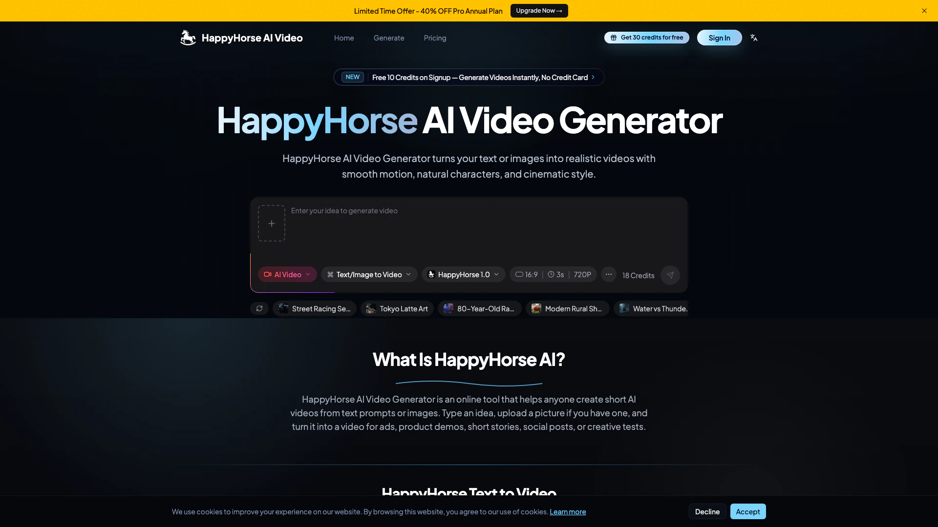 Happyhorse Ai Video website screenshot showing HappyHorse AI Video Generator allows you... interface and features