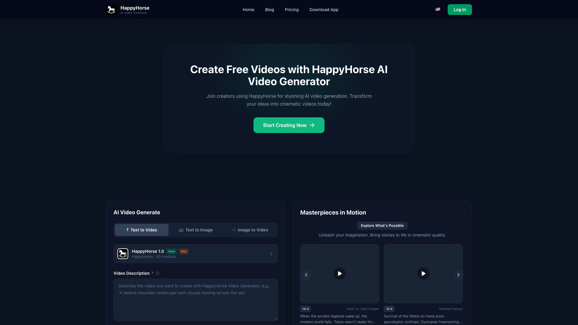 Happyhorse Ai website screenshot showing Unleash your imagination and create 100%... interface and features