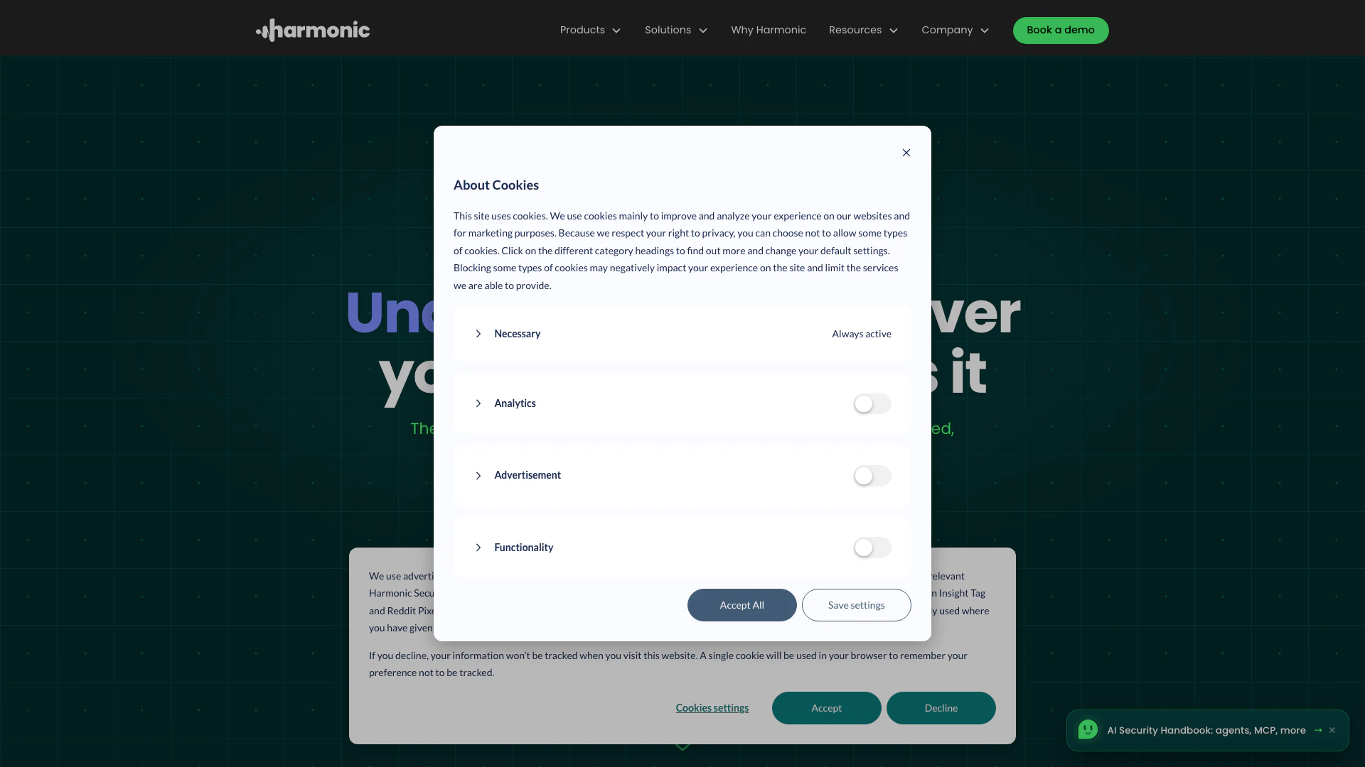 Harmonic website screenshot showing Govern AI wherever your workforce runs i... interface and features