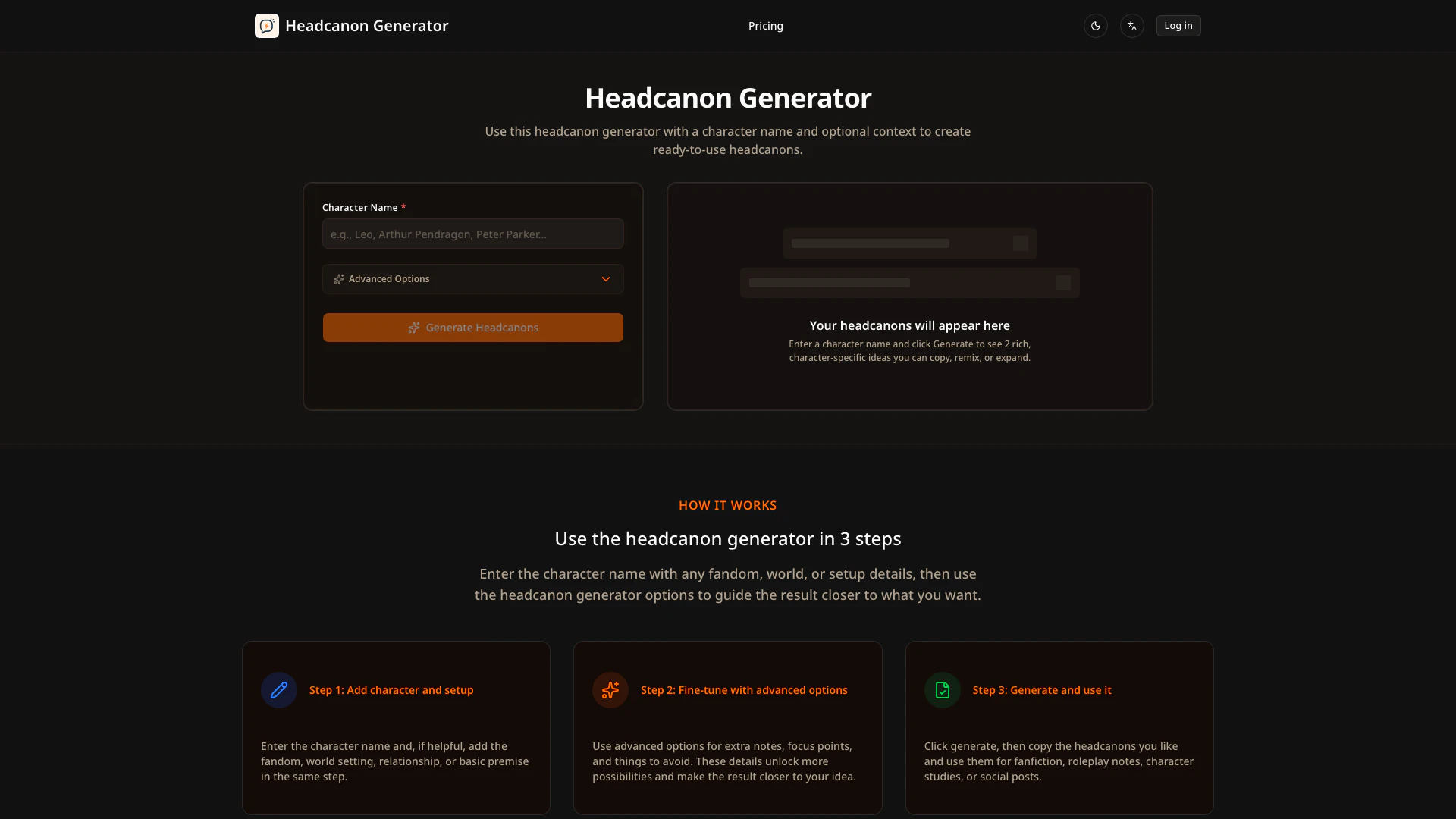 Headcanon Generator website screenshot showing Use this headcanon generator to create c... interface and features