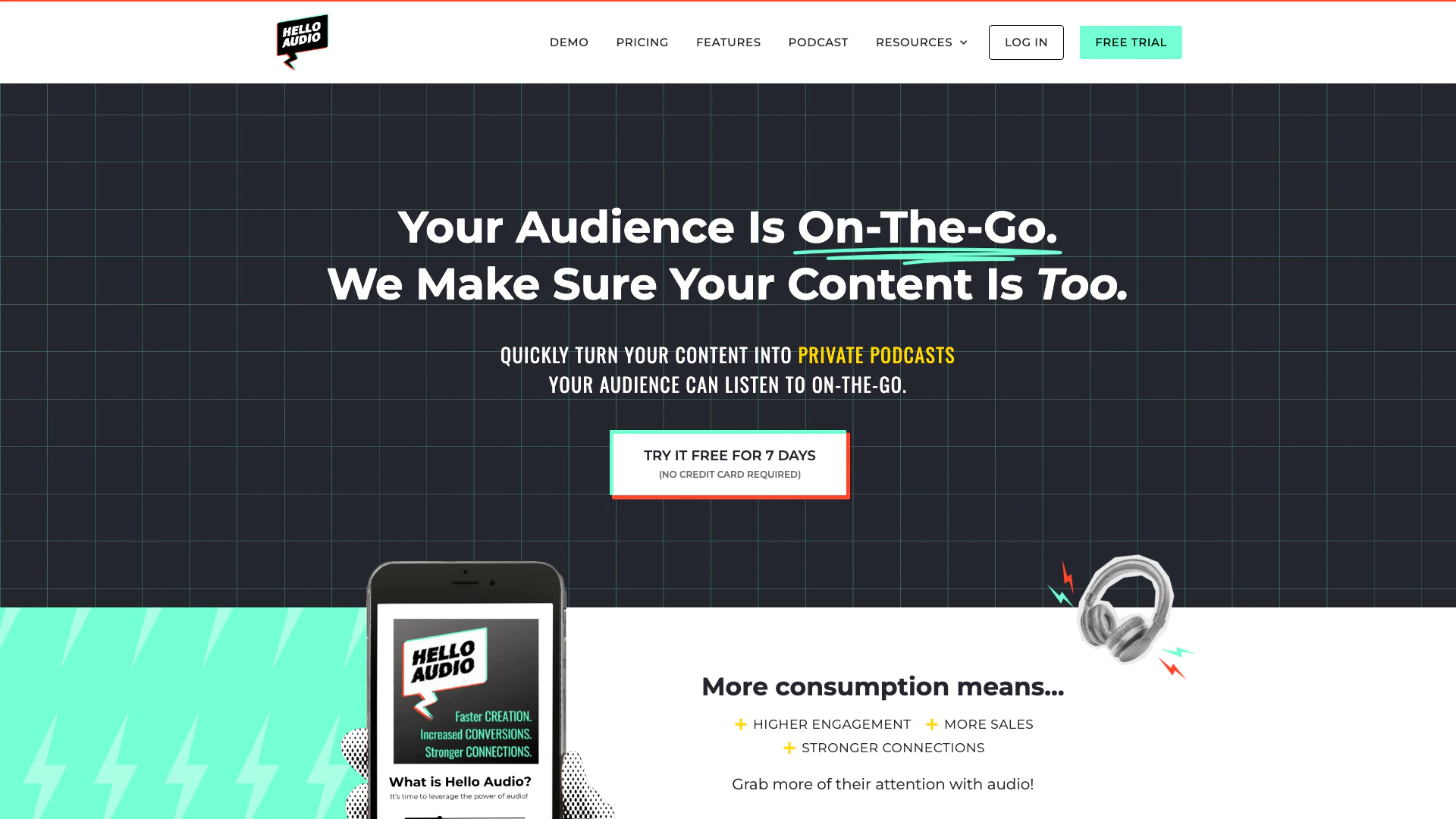 Helloaudio website screenshot showing Transforma tu contenido en podcasts priv... interface and features