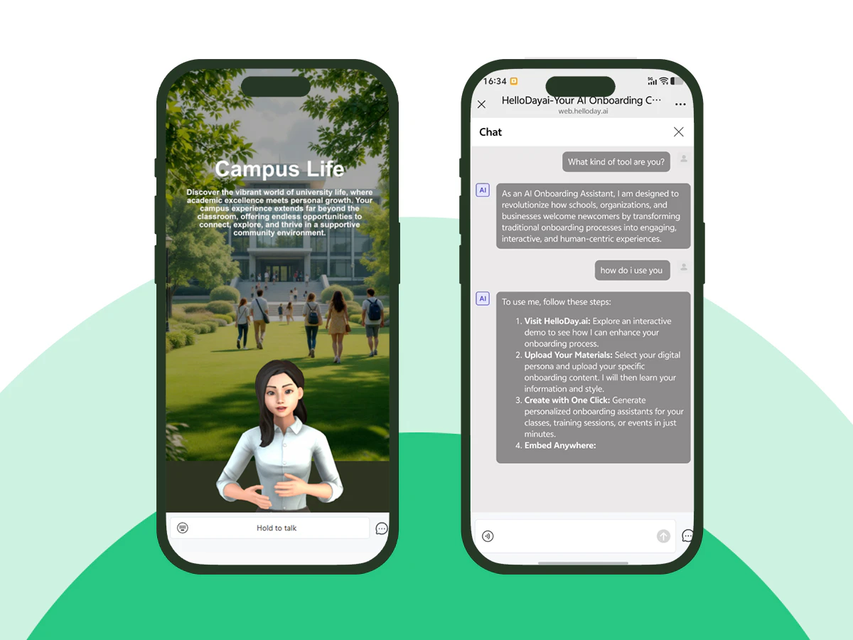 HelloDay.AI features demonstration showing automated Q&A capabilities