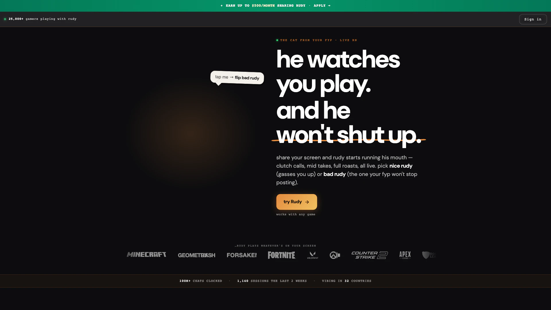 Heyrudyai website screenshot showing Heyrudyai is a fun AI companion that wat... interface and features