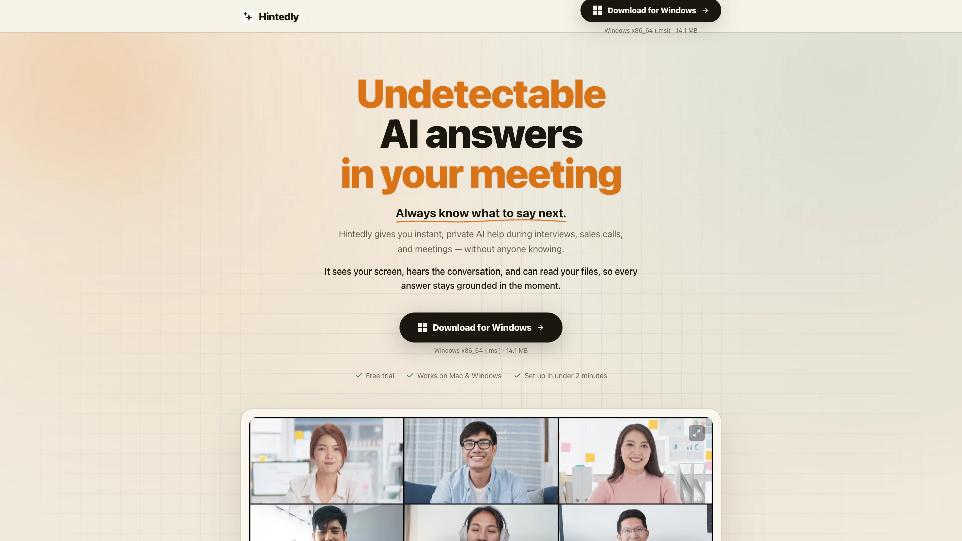 Hintedly website screenshot showing Hintedly provides instant AI answers dur... interface and features