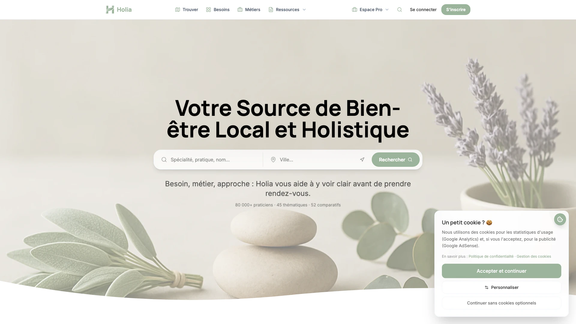 Holia website screenshot showing Discover Holia, the platform to book you... interface and features