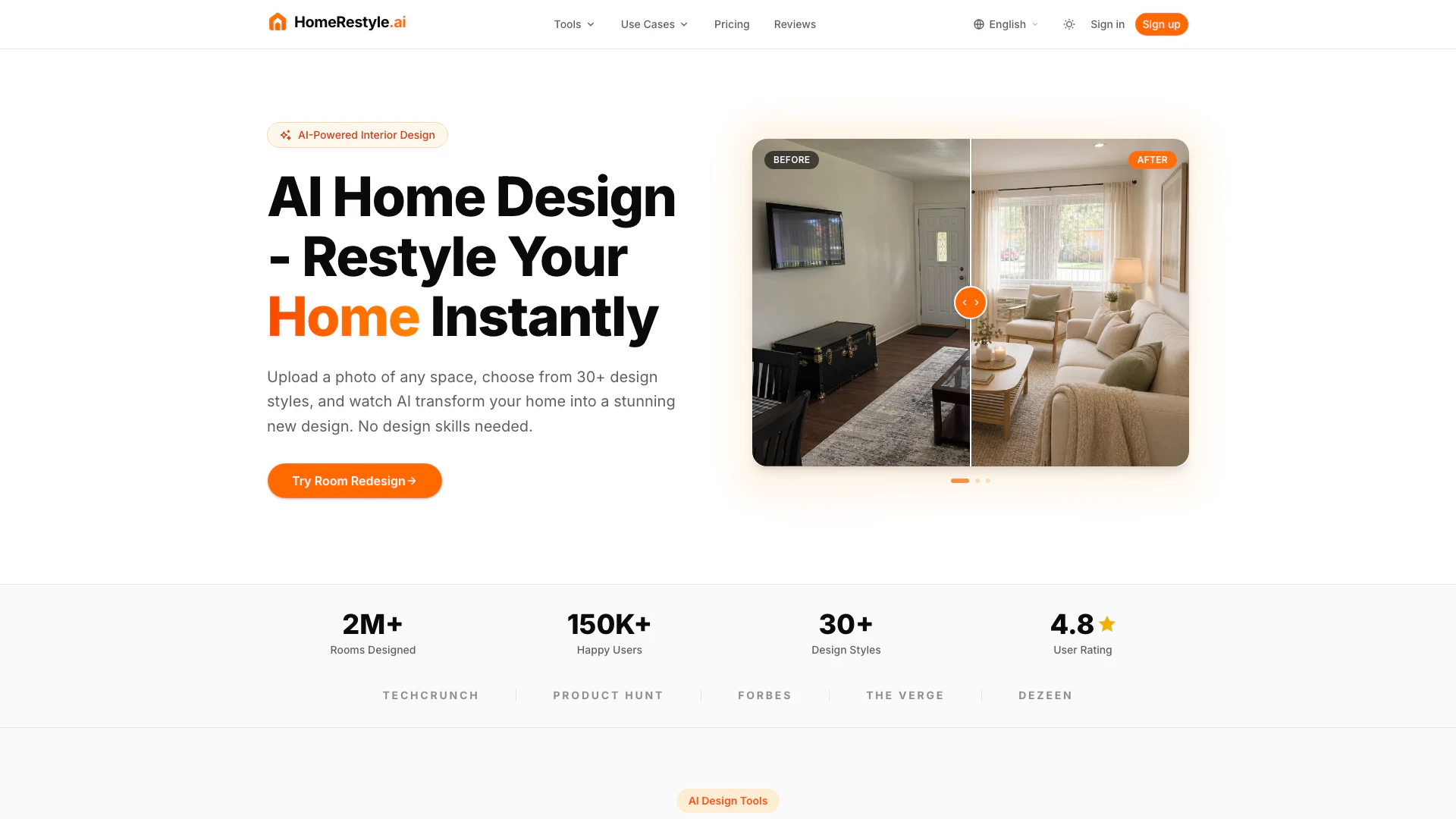 Homerestyleai website screenshot showing 写真をアップロードし、スタイルを選択することで、AIによるインテリアデザインで自... interface and features