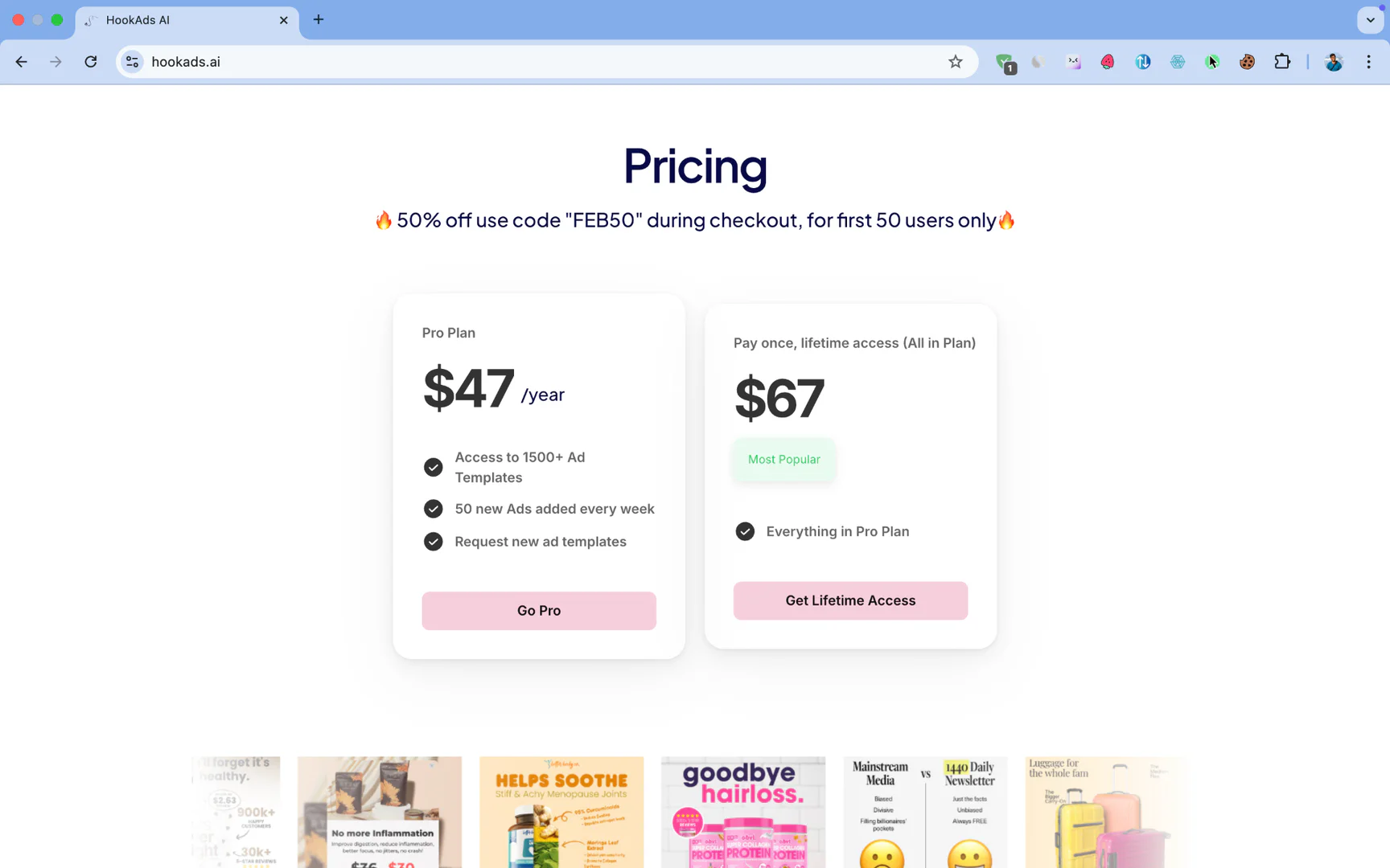 Ad template performance results from Hookadsai