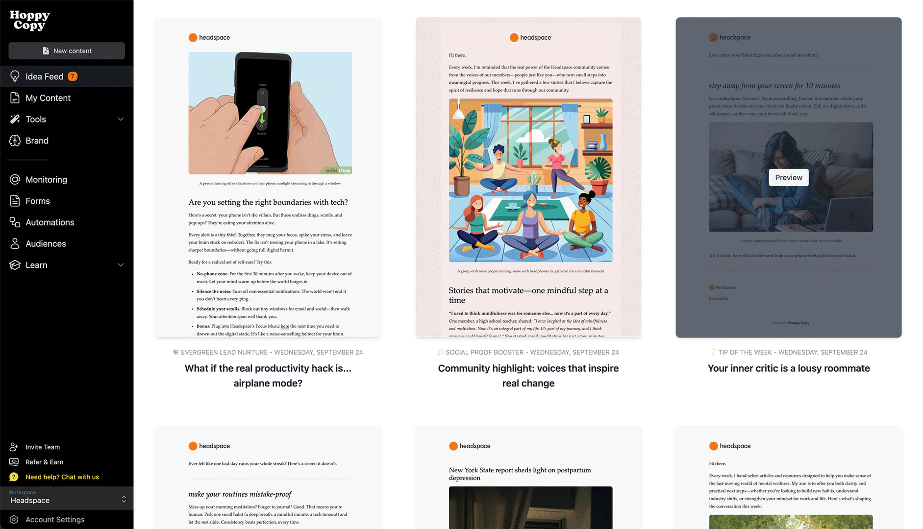 Hoppycopy dashboard overview