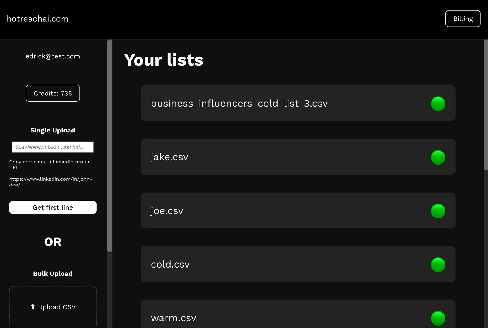Hot Reach Ai download CSV file interface