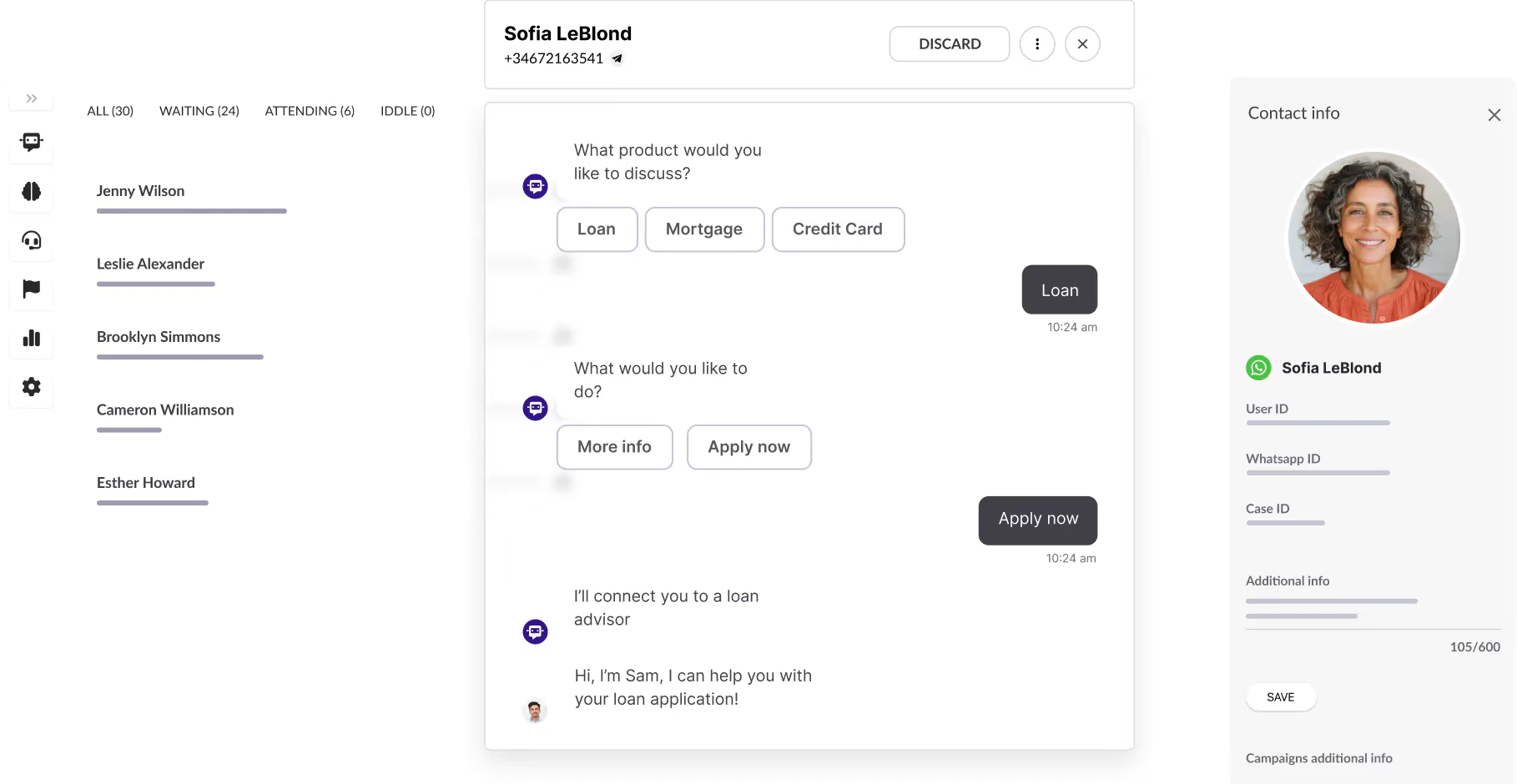 Hubtype chatbot interface showing a loan query conversation.