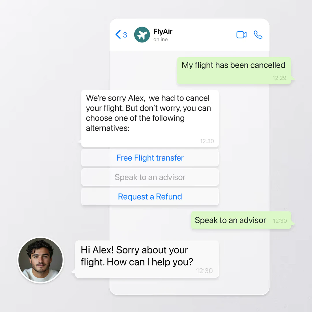 Hubtype chatbot assisting with flight cancellation options.