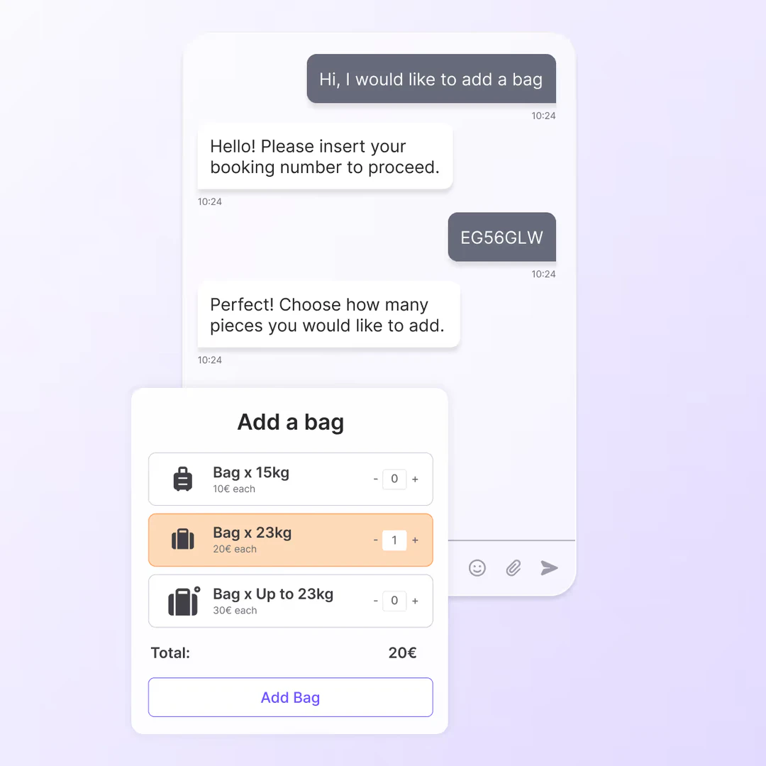 Hubtype chatbot adding a bag via enterprise platform.