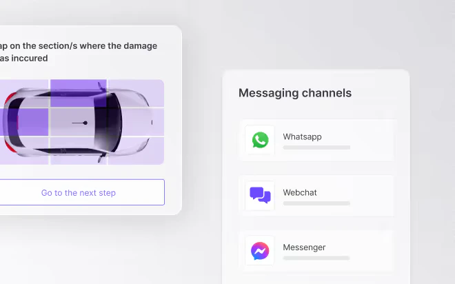 Hubtype enterprise chatbot UI showing messaging channels and a car damage assessment tool with action button.
