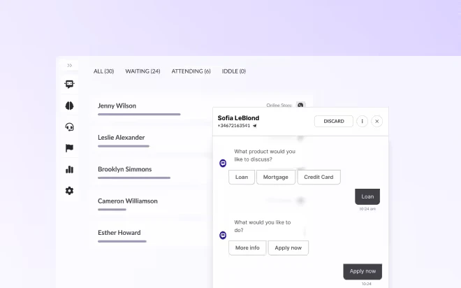 Hubtype chatbot interface showing customer chat queue and active conversation about loans.