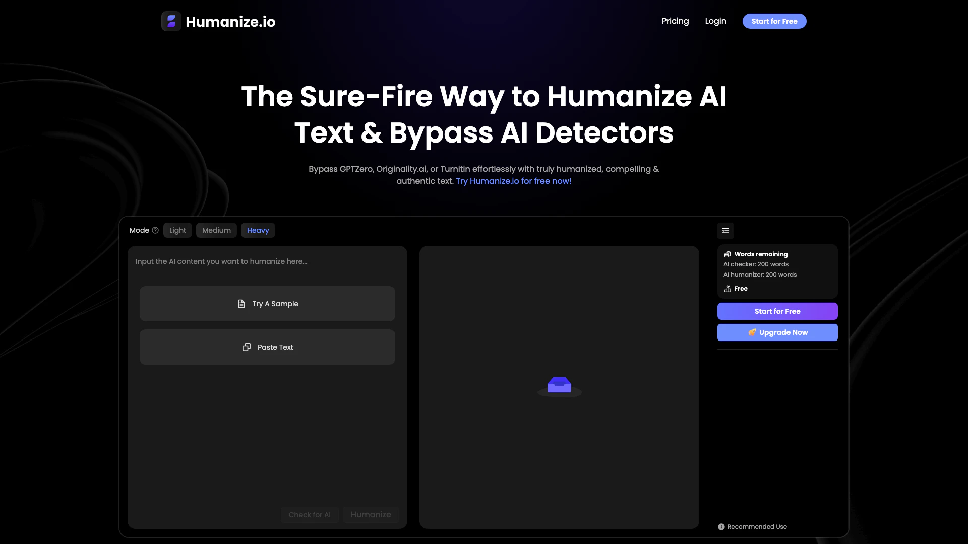 Humanize website screenshot showing -- interface and features
