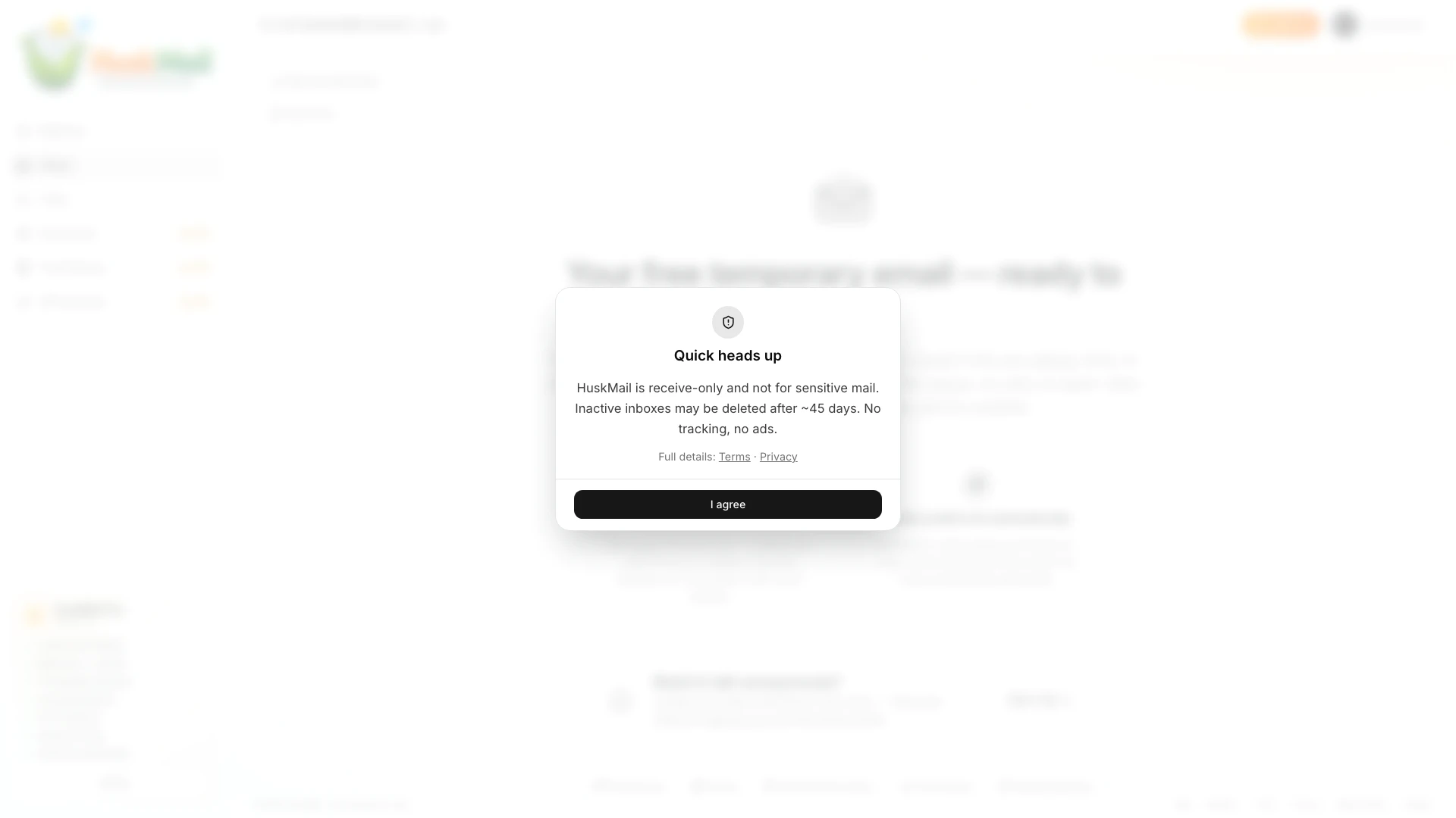 Huskmail website screenshot showing Huskmail provides free temporary email i... interface and features