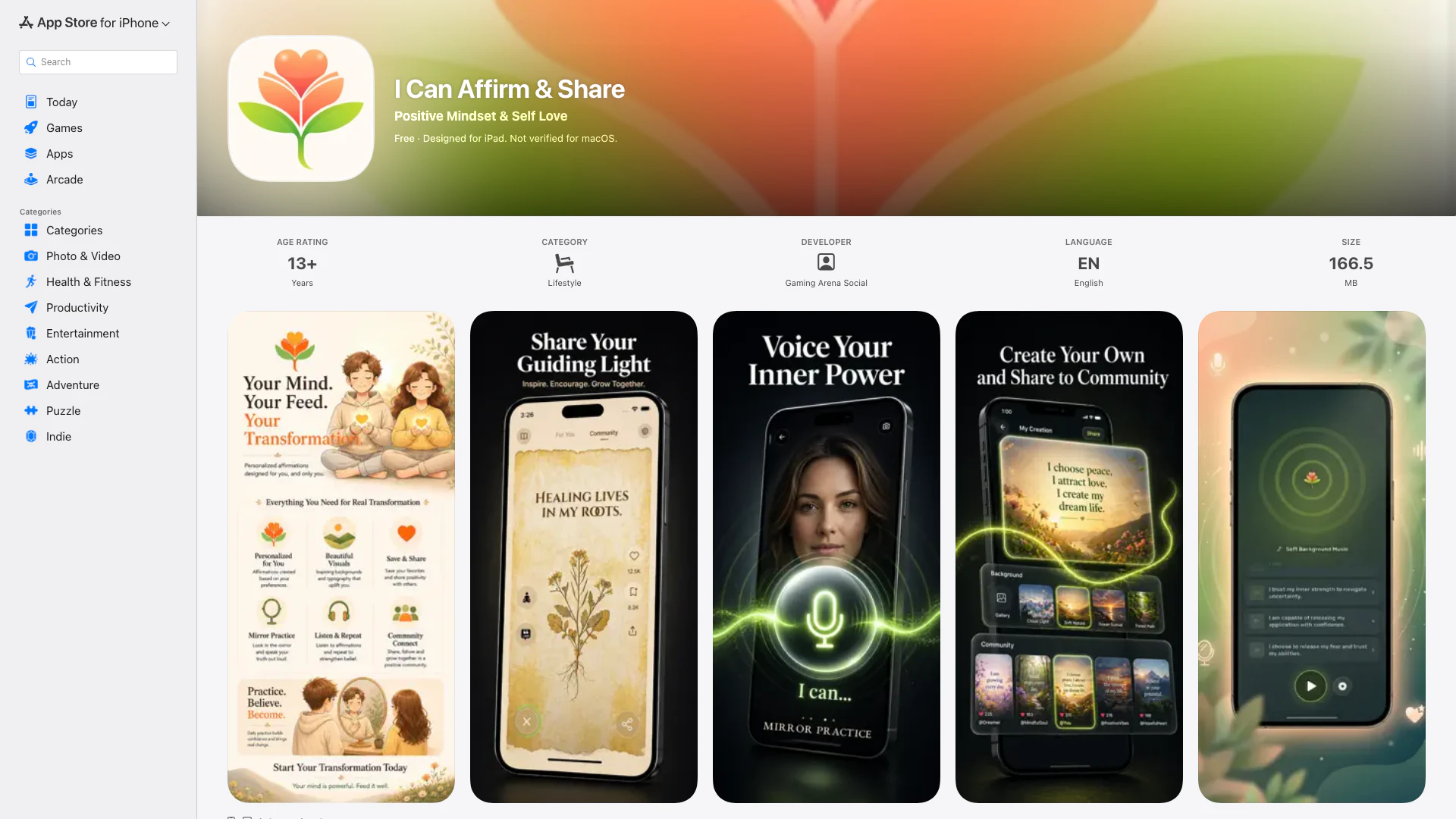 I Can Affirm & Share - iOS-App website screenshot showing I Can Affirm & Share ermutigt Frauen, je... interface and features