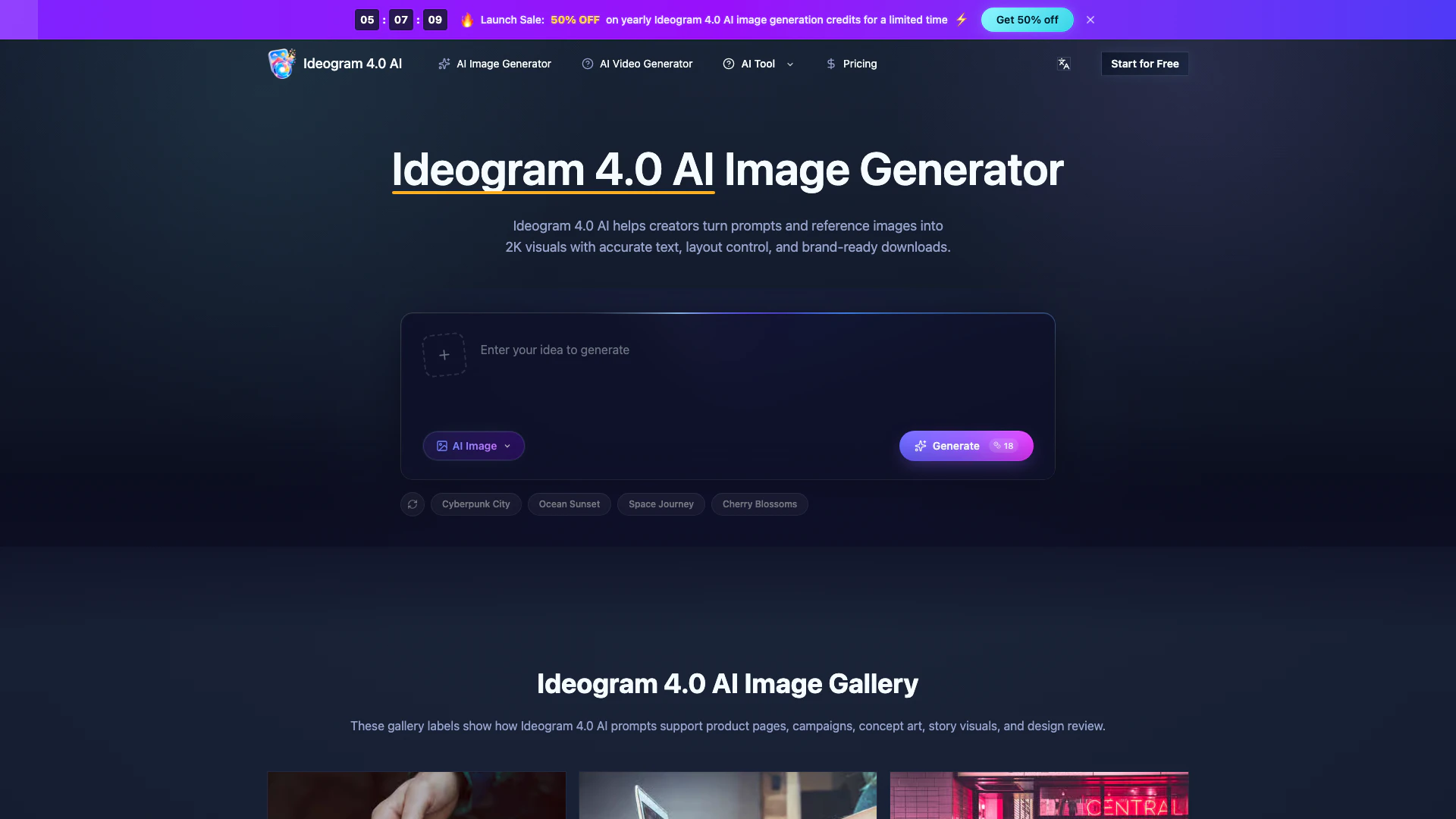 Ideogram4ai website screenshot showing Try Ideogram 4.0 AI, a free AI image gen... interface and features