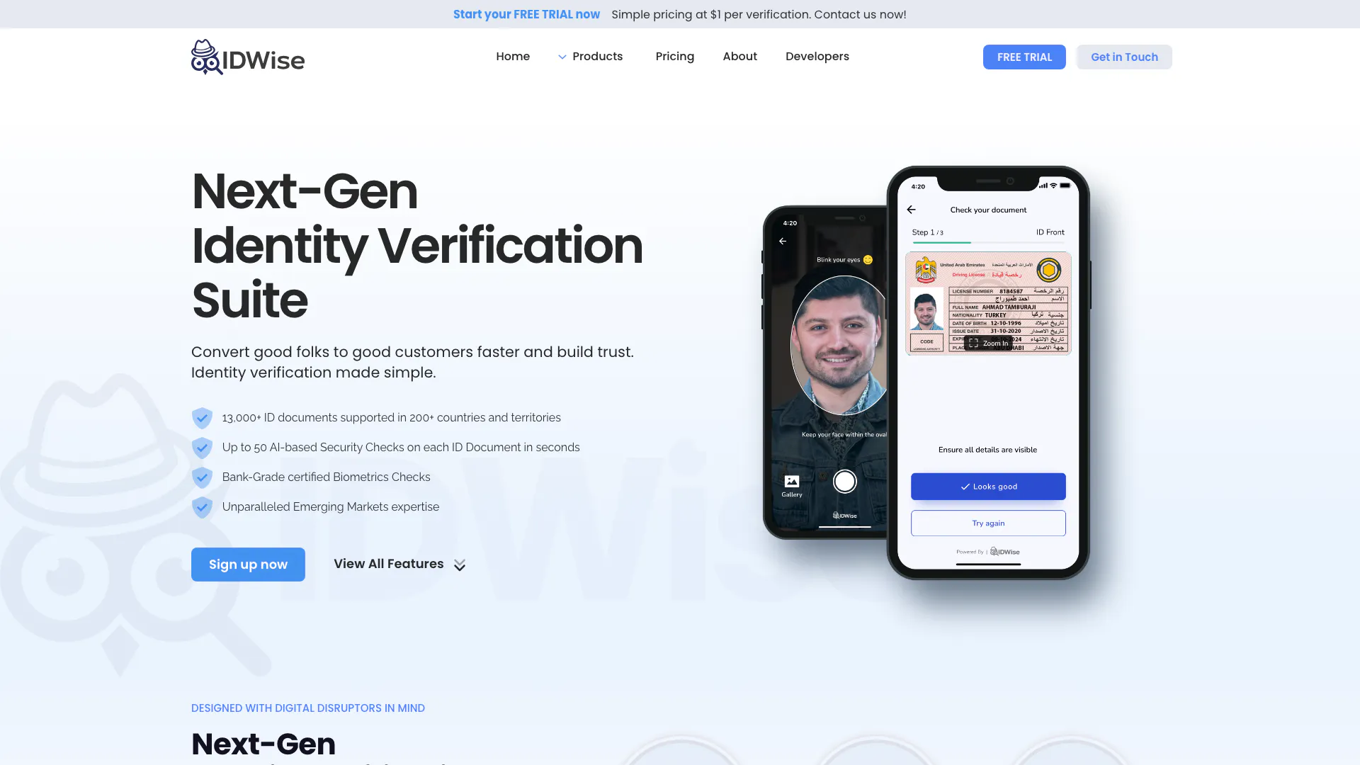 Idwise Identity Verification Ekyc Aml website screenshot showing AI-Based Identity Verification - Trust b... interface and features