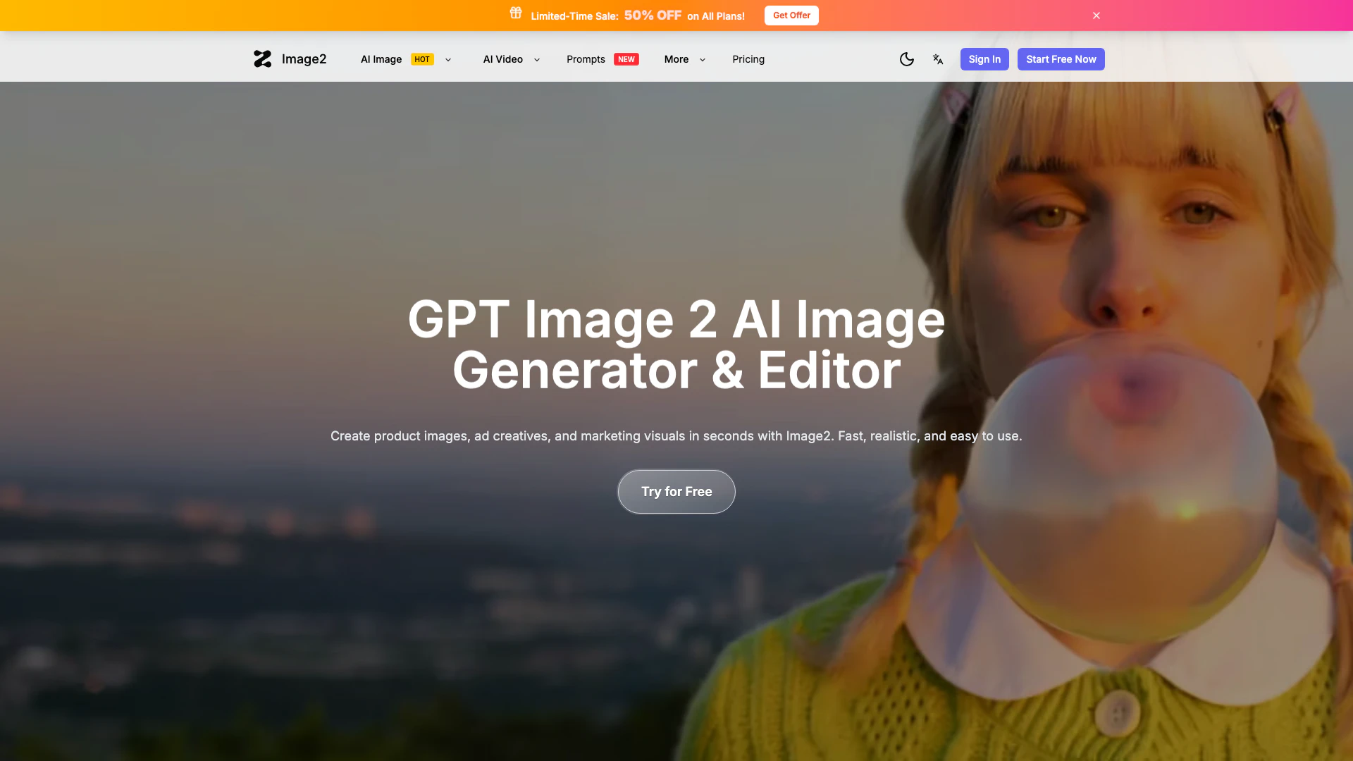 Image2 Ai website screenshot showing Image2 Ai is an AI-powered image generat... interface and features