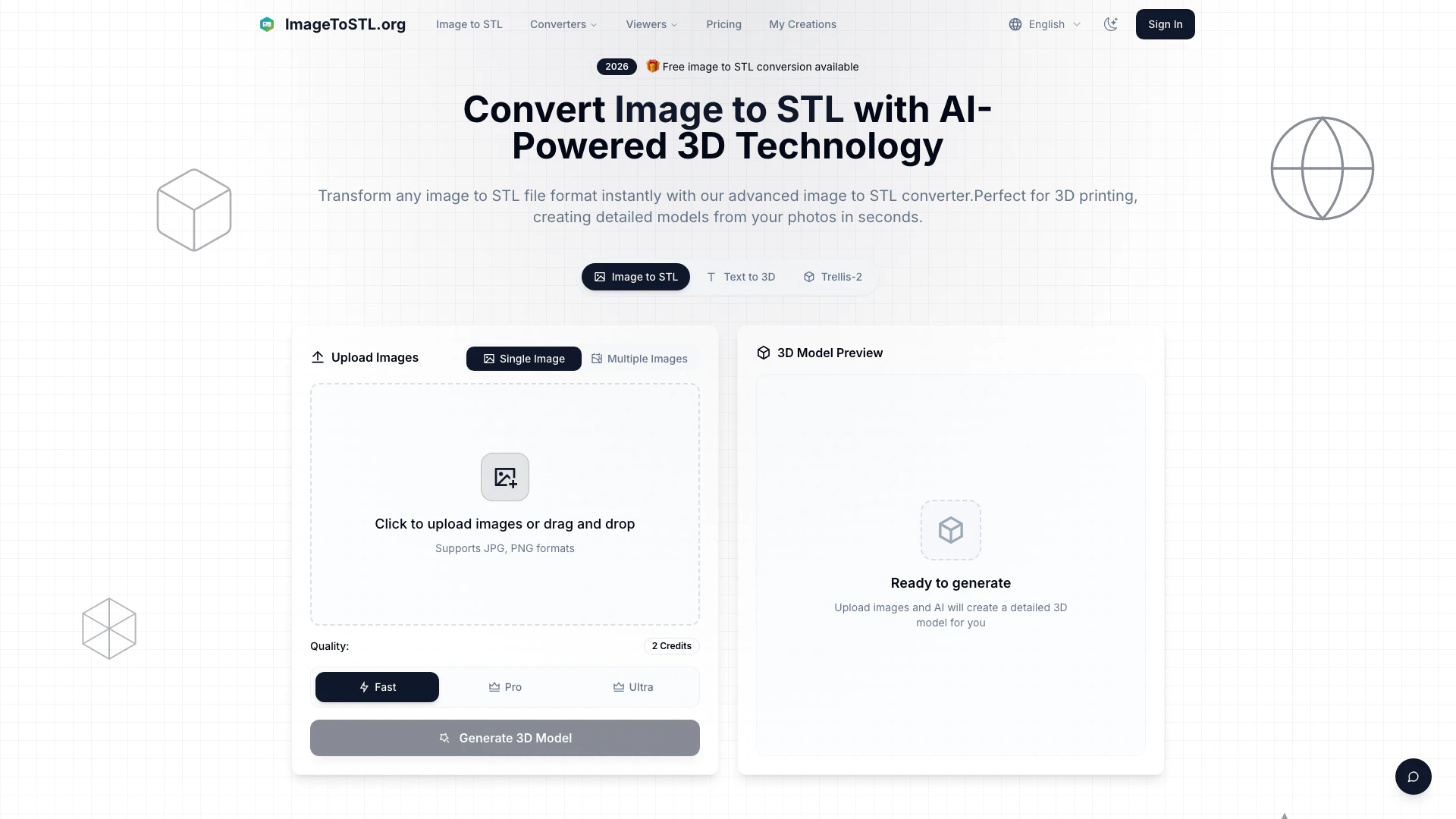 Imagetostl website screenshot showing Instantly convert your 2D images into 3D... interface and features
