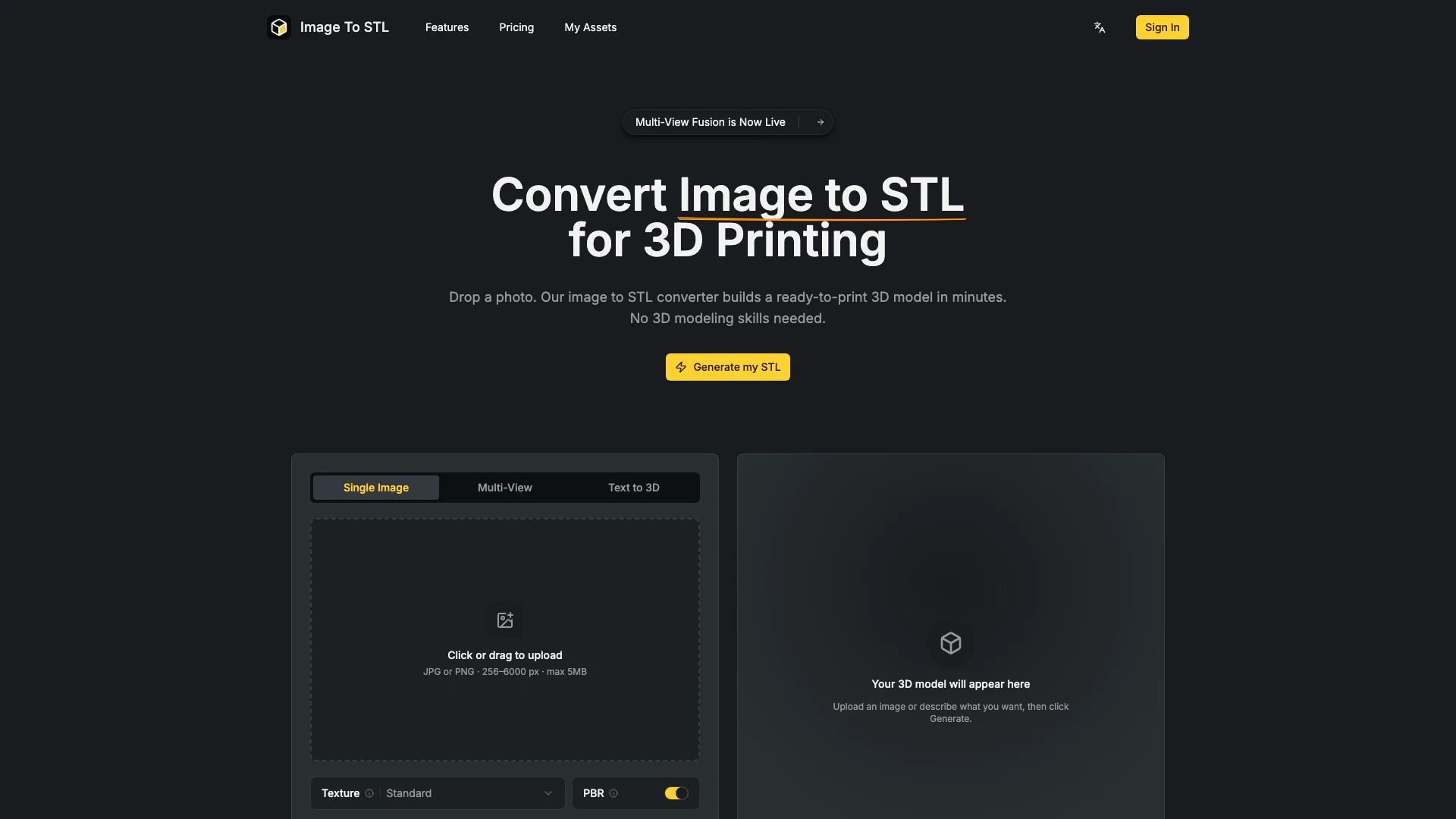 Imagetostl website screenshot showing Convert your images into 3D printable ST... interface and features