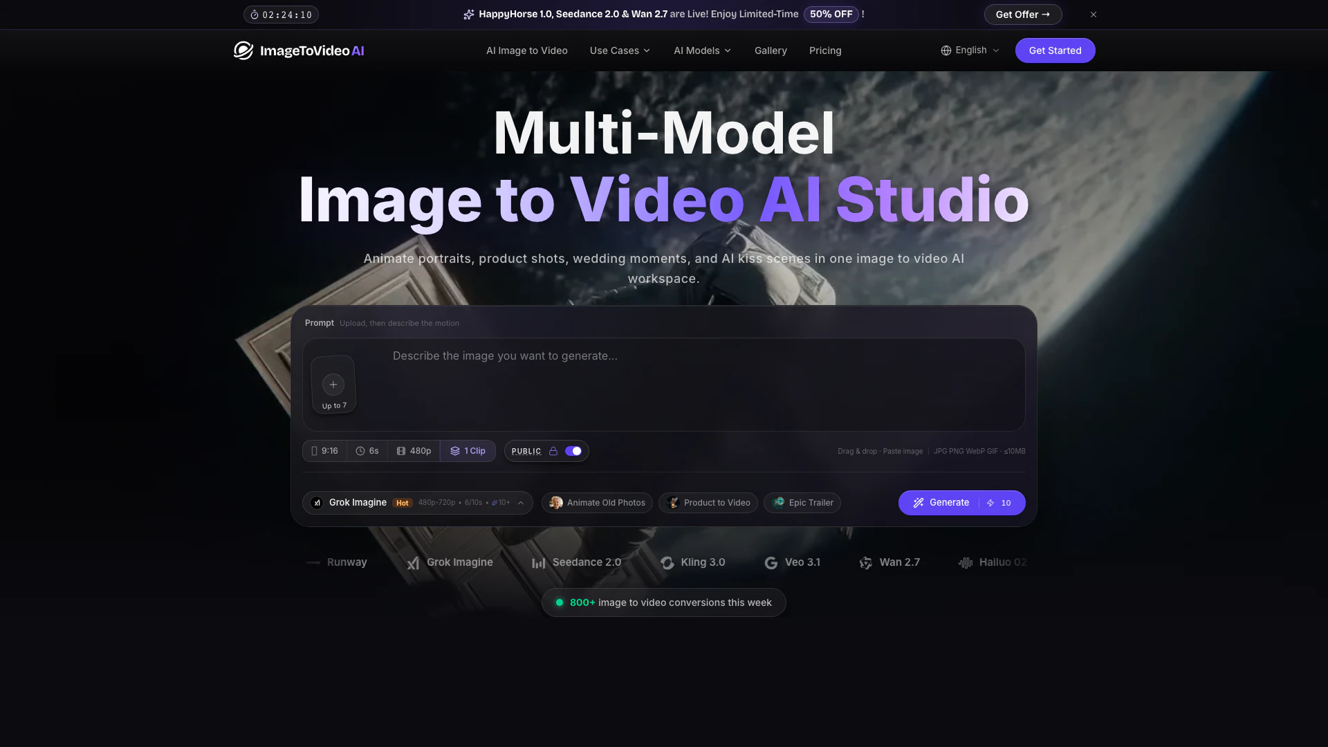 Imagetovideoai website screenshot showing Turn any photo into cinematic video with... interface and features