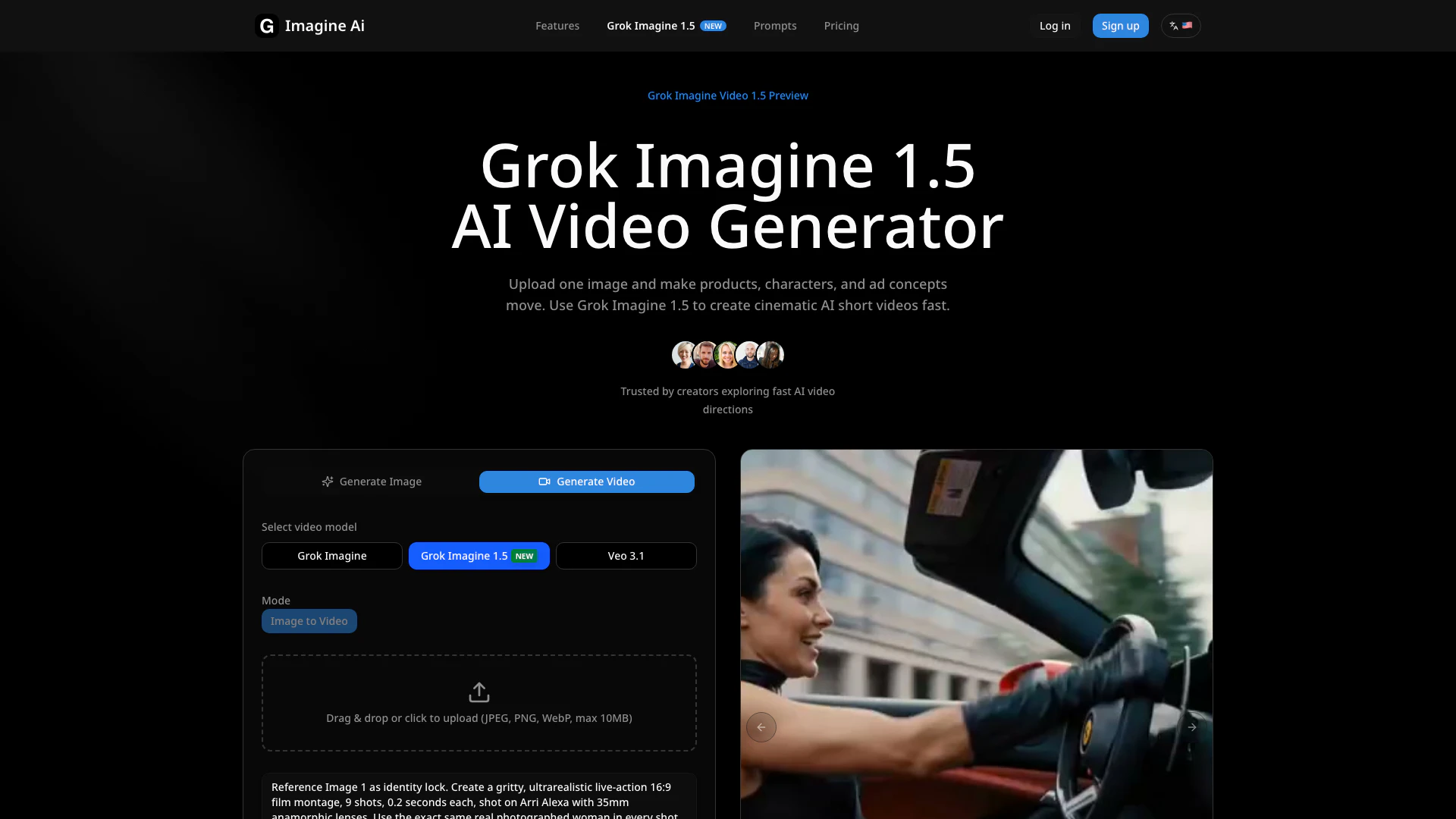 Imagineai website screenshot showing Transform your images into captivating 1... interface and features