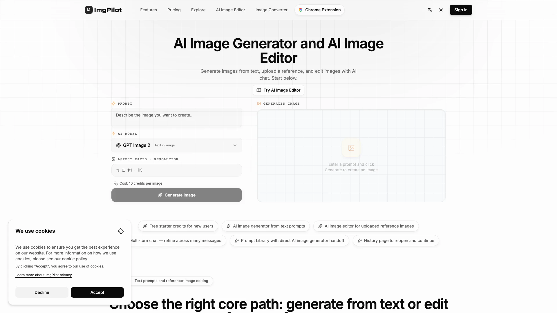 Imgpilot website screenshot showing ImgPilot is an AI image generator and ed... interface and features