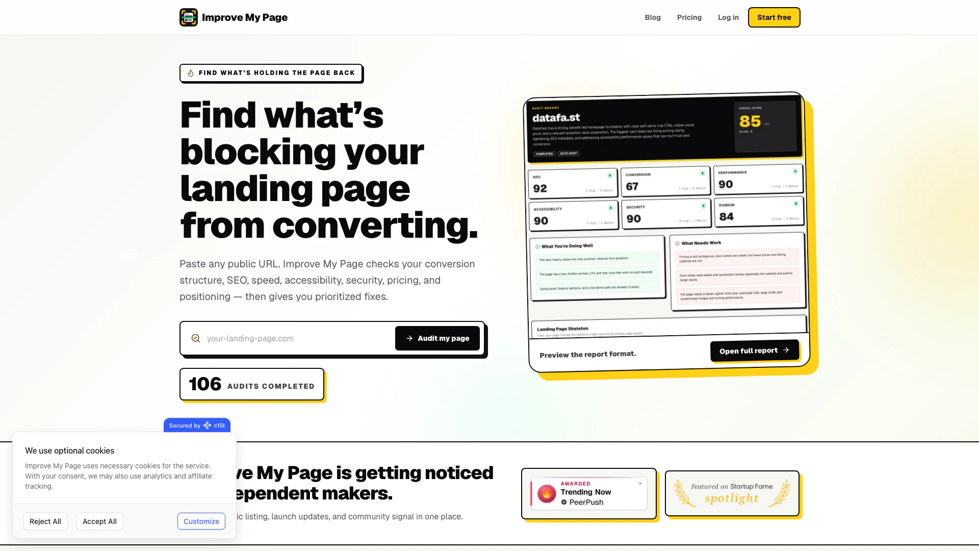 Improvemypage website screenshot showing Improve My Page audite votre page d'atte... interface and features