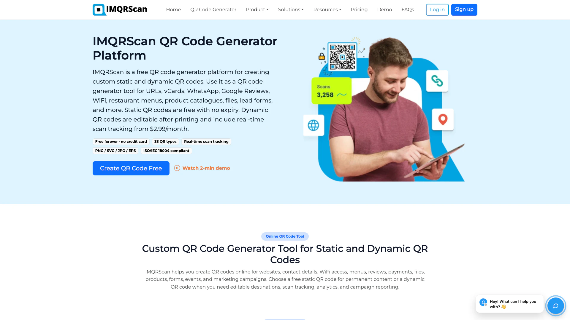 Imqrscan website screenshot showing IMQRScan is a QR code generator platform... interface and features