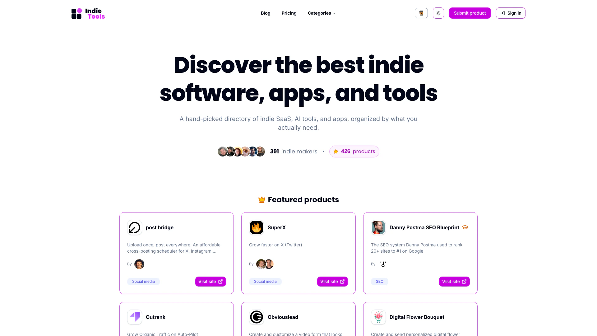 Indietools website screenshot showing Discover a curated collection of the bes... interface and features