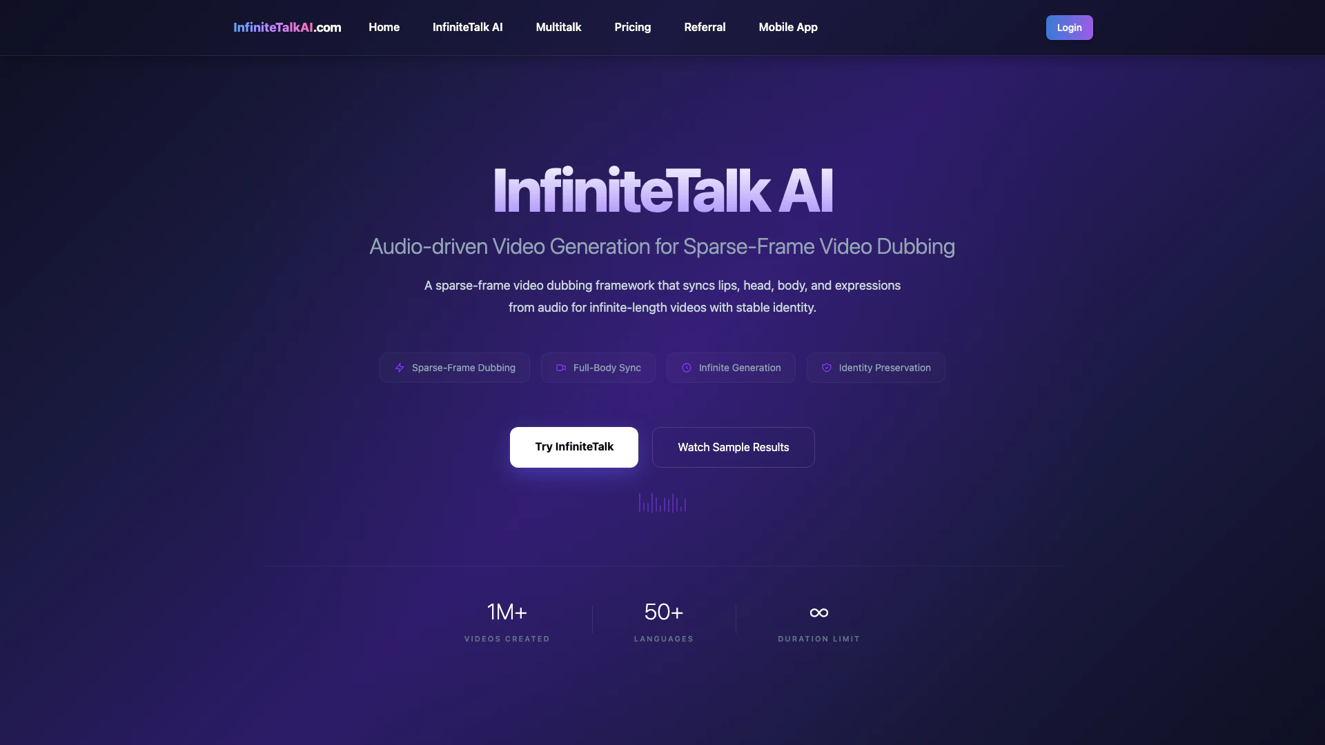 Infinitetalkai website screenshot showing Create lifelike, audio-driven videos wit... interface and features