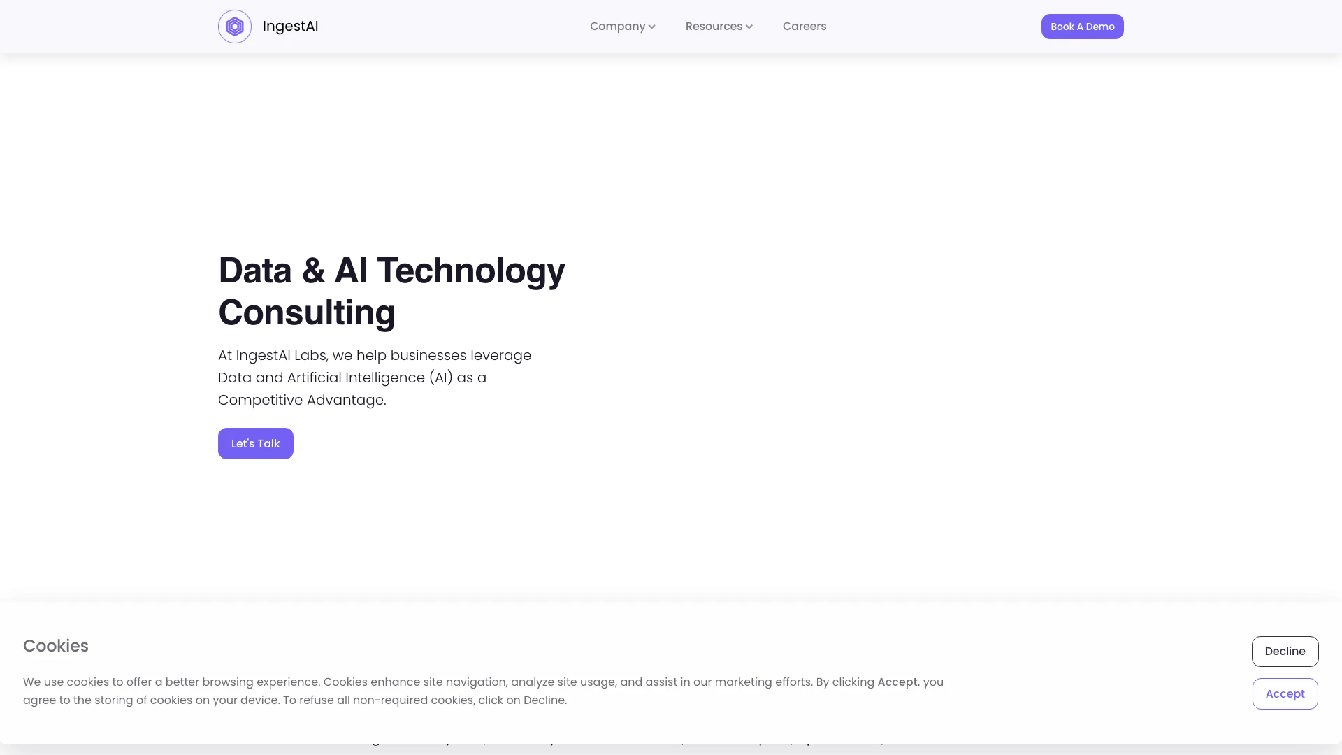 Ingestai website screenshot showing Enhance decision-making with AI solution... interface and features