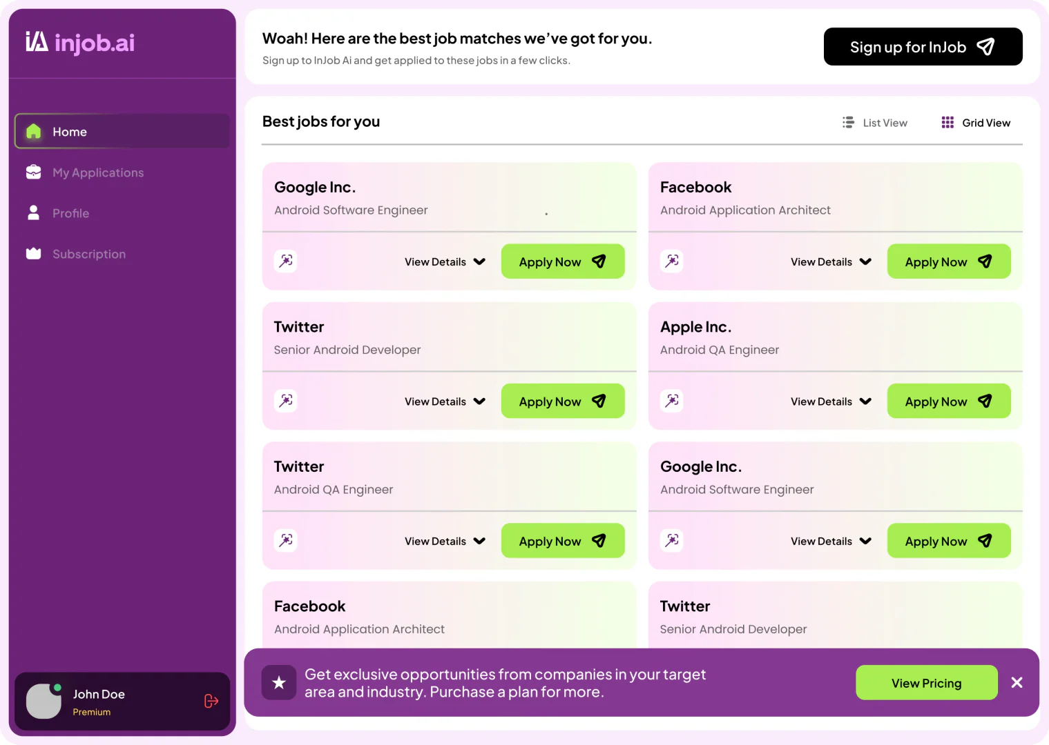 Injobai product interface overview
